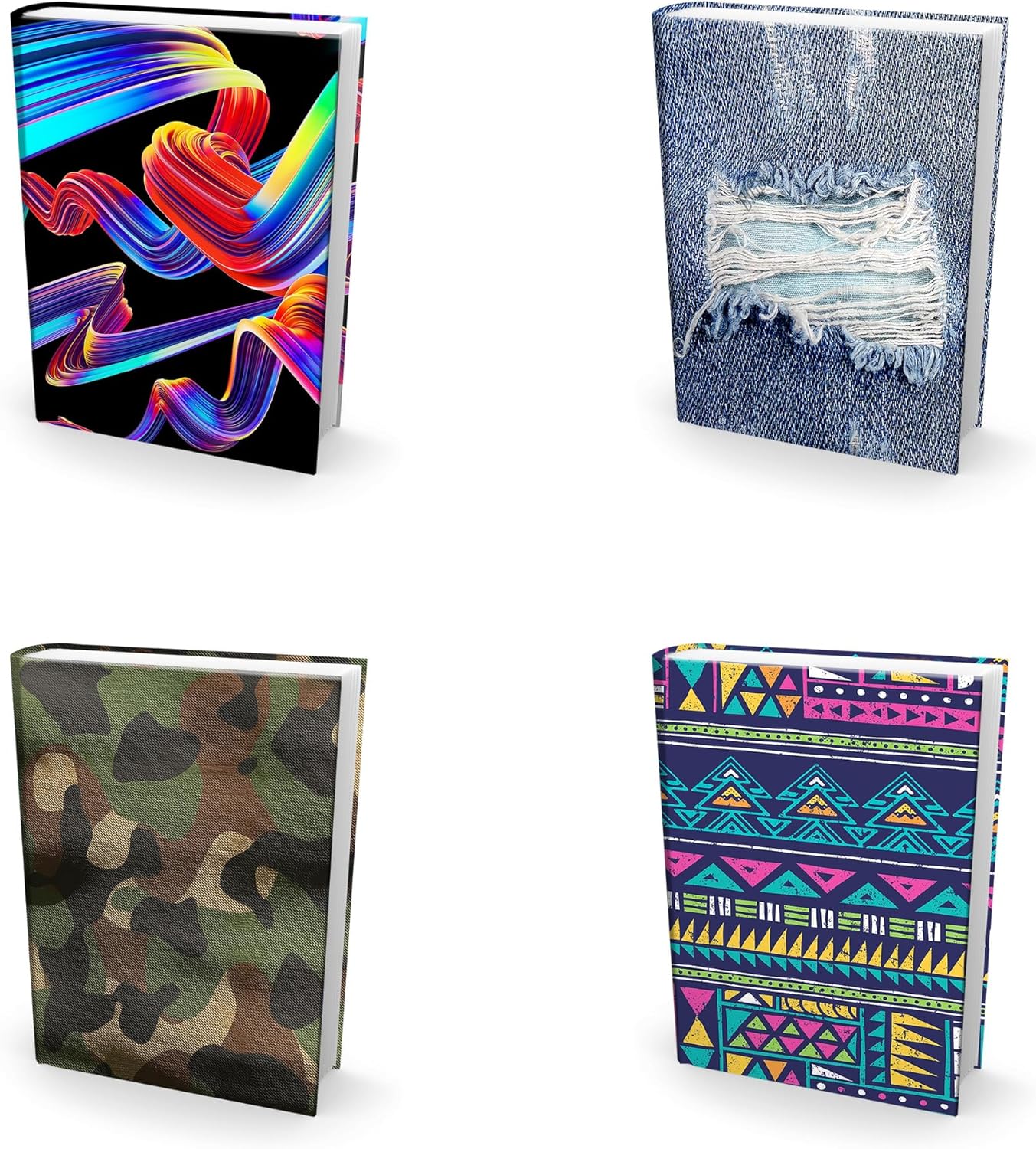 Easy Apply, Reusable Book Covers 4 Pk. Best Jumbo 9x11 Textbook Jackets for Back to School. Stretchable to Fit Most Large Hardcover Books. Perfect Fun, Washable Designs for Girls, Boys, Kids and Teens