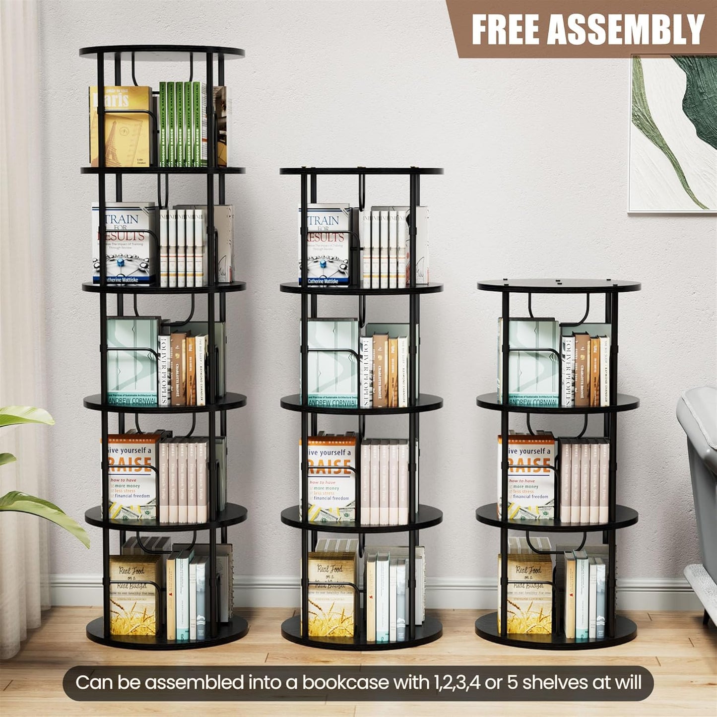 Flycity 5 Tier Rotating Bookshelf, 360° Corner Bookshelf Tower, Round Revolving Bookcase with Special Visible Partition Storage, Narrow Book Shelf Organizer for Living Room, Small Space, Black