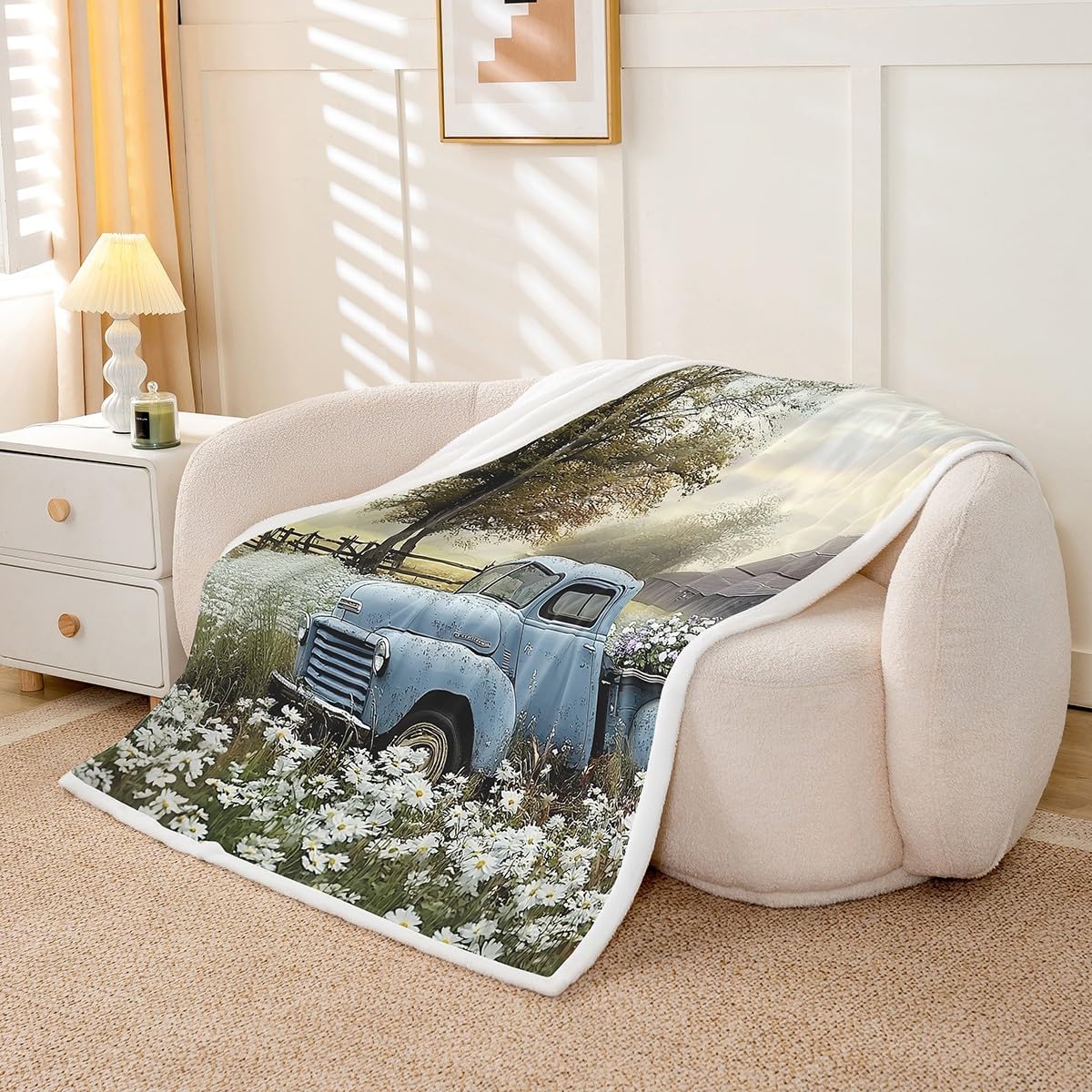 Erosebridal Farmhouse Fleece Blanket Throw 50"x60" Old Barn Sherpa Blanket for Young Teens Country Antique Pickup Truck Blue Car White Flowers Retro Tree Spring Fuzzy Plush Throw