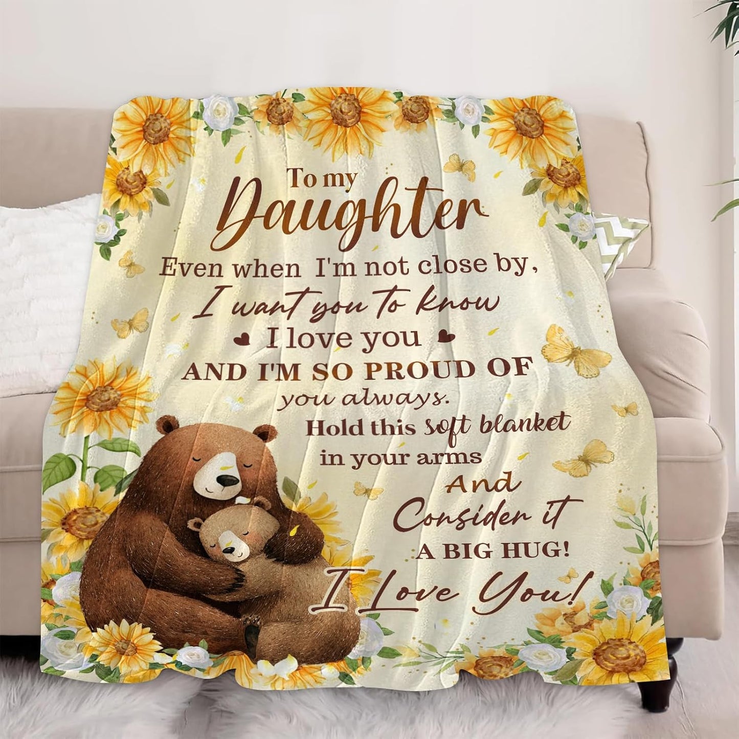 Daughter Gifts from Mom Dad, to My Daughter Blanket from Parents, Birthday Graduation Wedding Gifts for Daughters Sunflower Bear Soft Flannel Throw Blanket 50"x60"