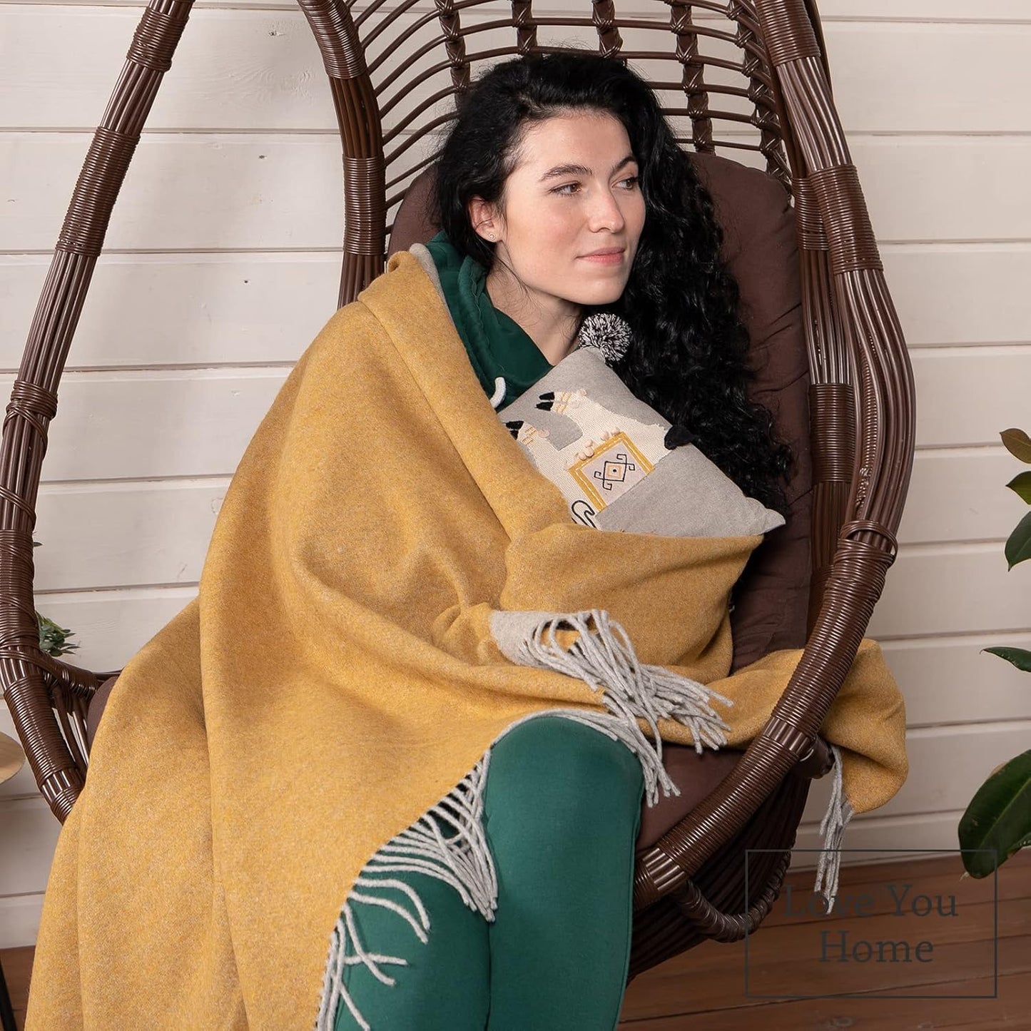 LYHome Merino Wool Blanket - Warm Throw for Cold Weather, Warmest Travel Outdoor Camping Blankets, Picnic Army Military Throws, Comforter Soft & Cozy (55 x 79 Mustard Yellow - Light Grey Double-sided)