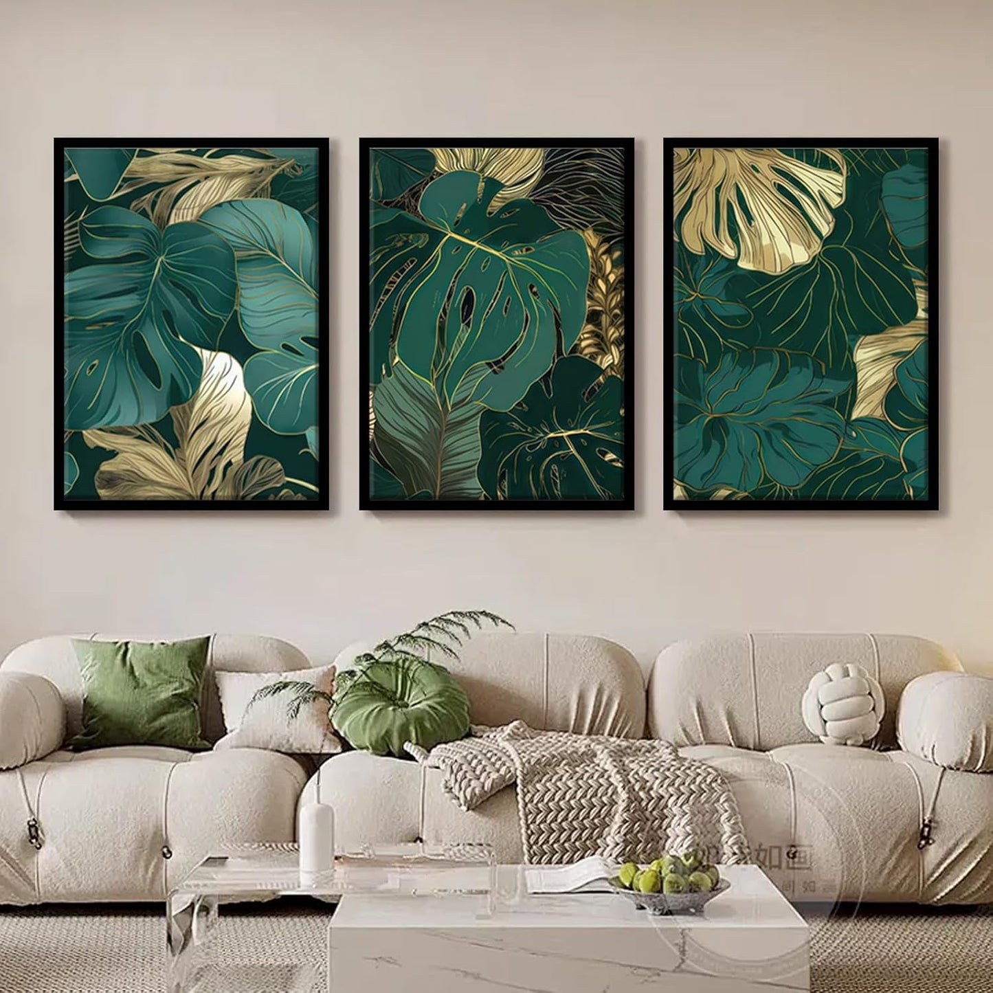Framed Gold Green Wall Art Set of 3 Tropical Botanical Picture Emerald green Leaf Painting Prints Wall Decor with Black Frame Modern Plant Poster for Living Room Bedroom Bathroom Office 16x24Inch