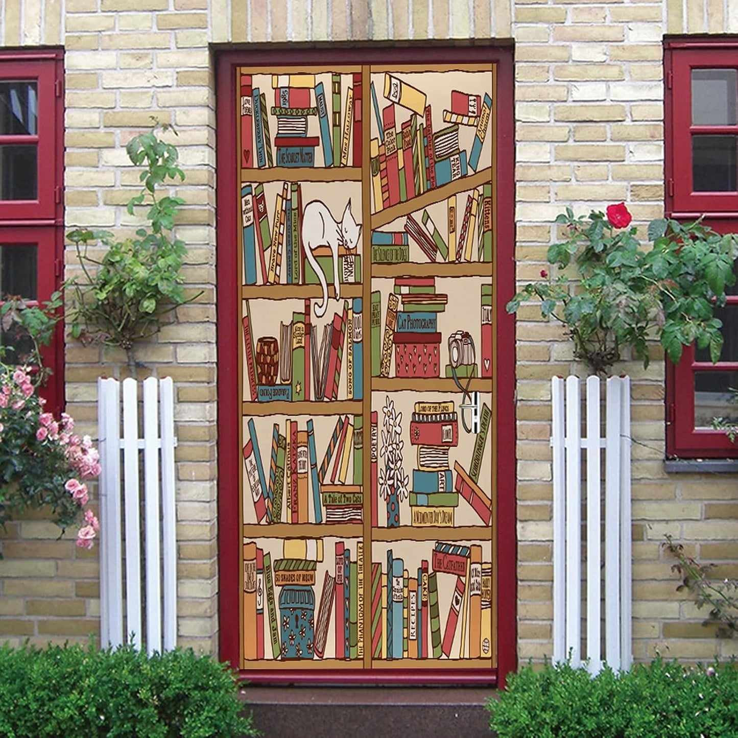 3D Door Stickers for Interior Doors Hand Drawn Bookshelf with Sleeping Cat Vinyl Waterproof Self Adhesive Door Mural Decals for Bedroom Office Bathroom 77 x 200 cm