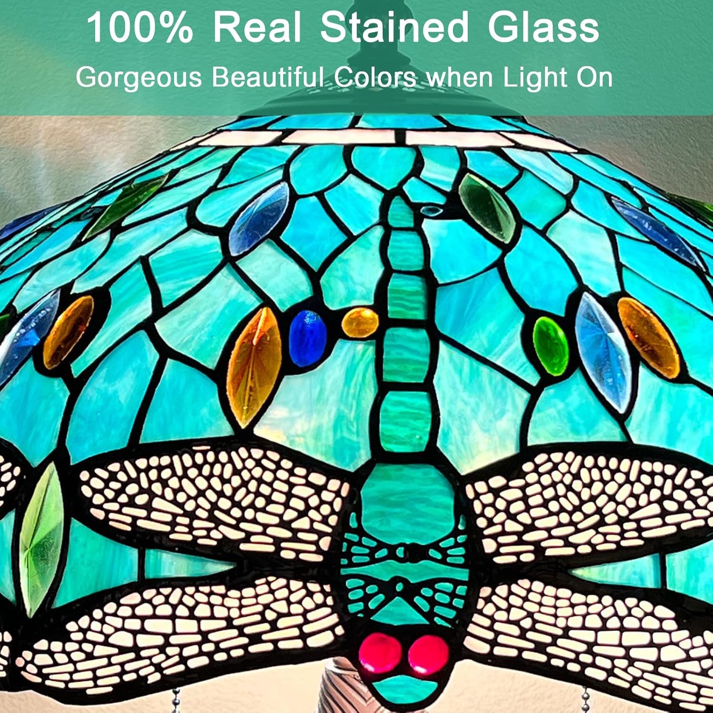 Capulina Tiffany Table Lamp, Sea Grass Dragonfly Antique Style Stained Glass Reading Desk Lamp 16x16x24 Inches for Home Office Living Room Bedrooms Study