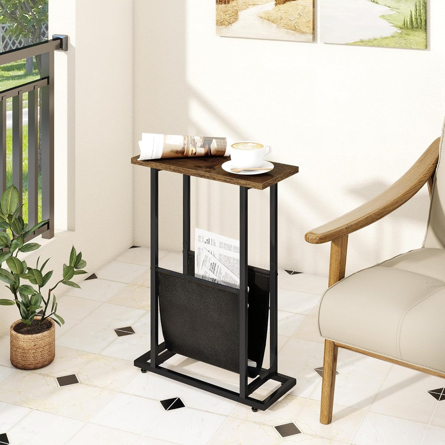 Narrow Side Table for Small Place,Metal Table with PU Leather Bag,Slim Nightstand for Reading Or Storage,Sofa Side Table for Living Room,Bedroom,Brown