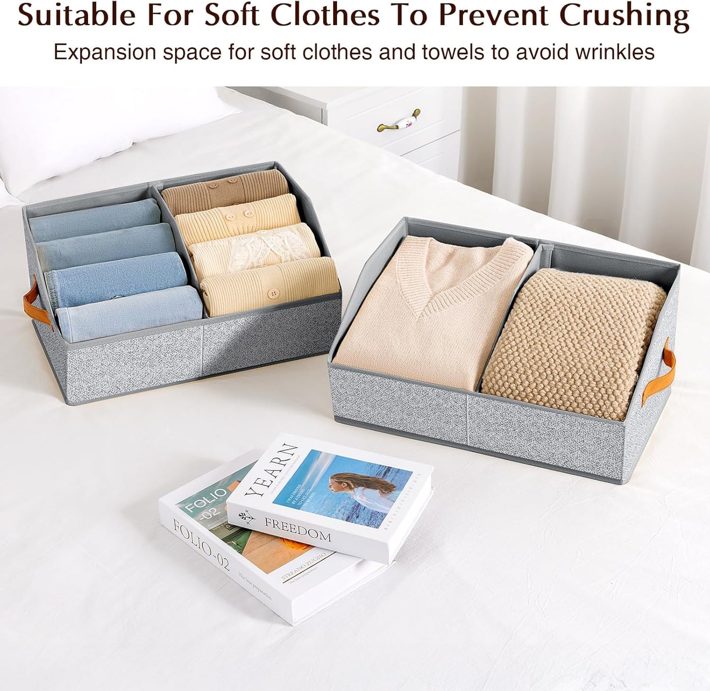 Closet Organizers and Storage Bins - 6 Pack Collapsible Divided Trapezoidal Cube Storage Bins Baskets with Orange Handle for Organizing Clothes Blankets, Toys, Books, Towels(Ant Gray)