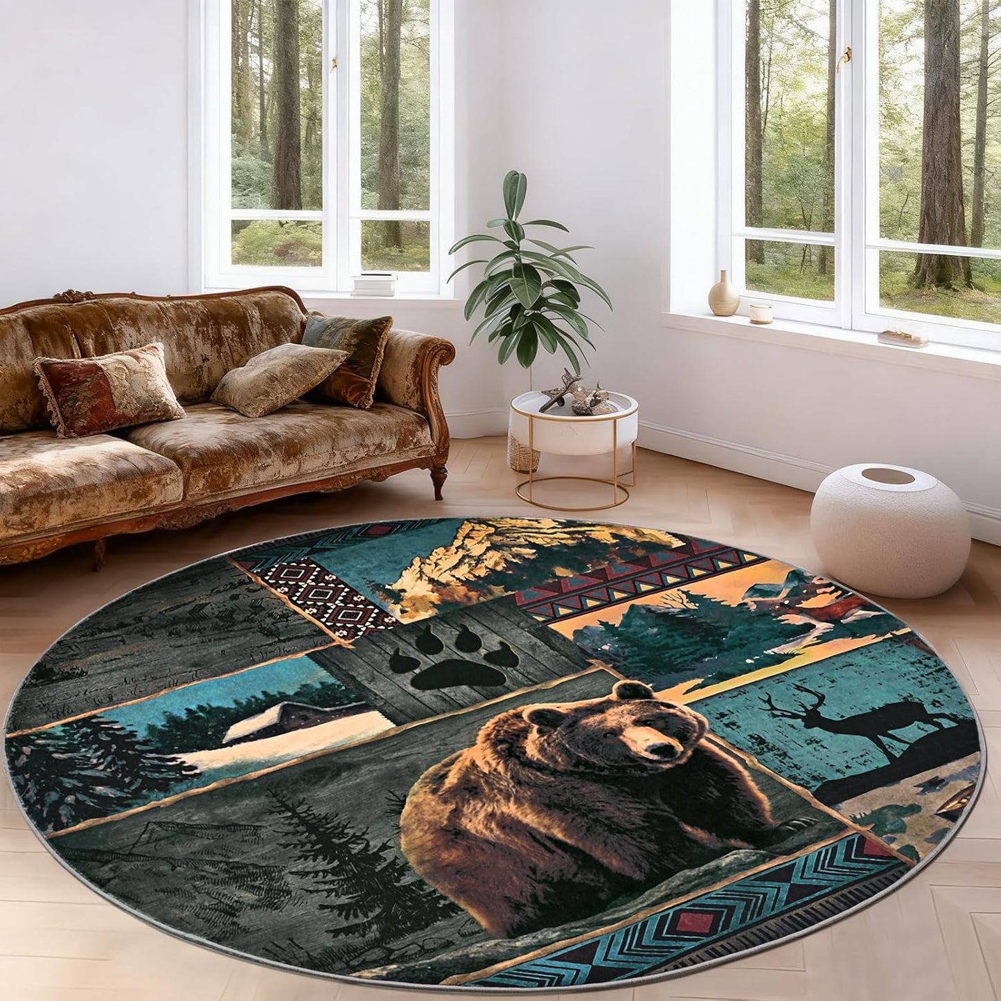 ASPMIZ Rustic Round Rug 4ft, Cabin Bear Moose Area Rugs for Living Room, Low Pile Southwestern Washable Rug Non Slip, Soft Faux Wool Circle Rugs for Bedroom, Entryway, Wildlife Home Decor, Blue