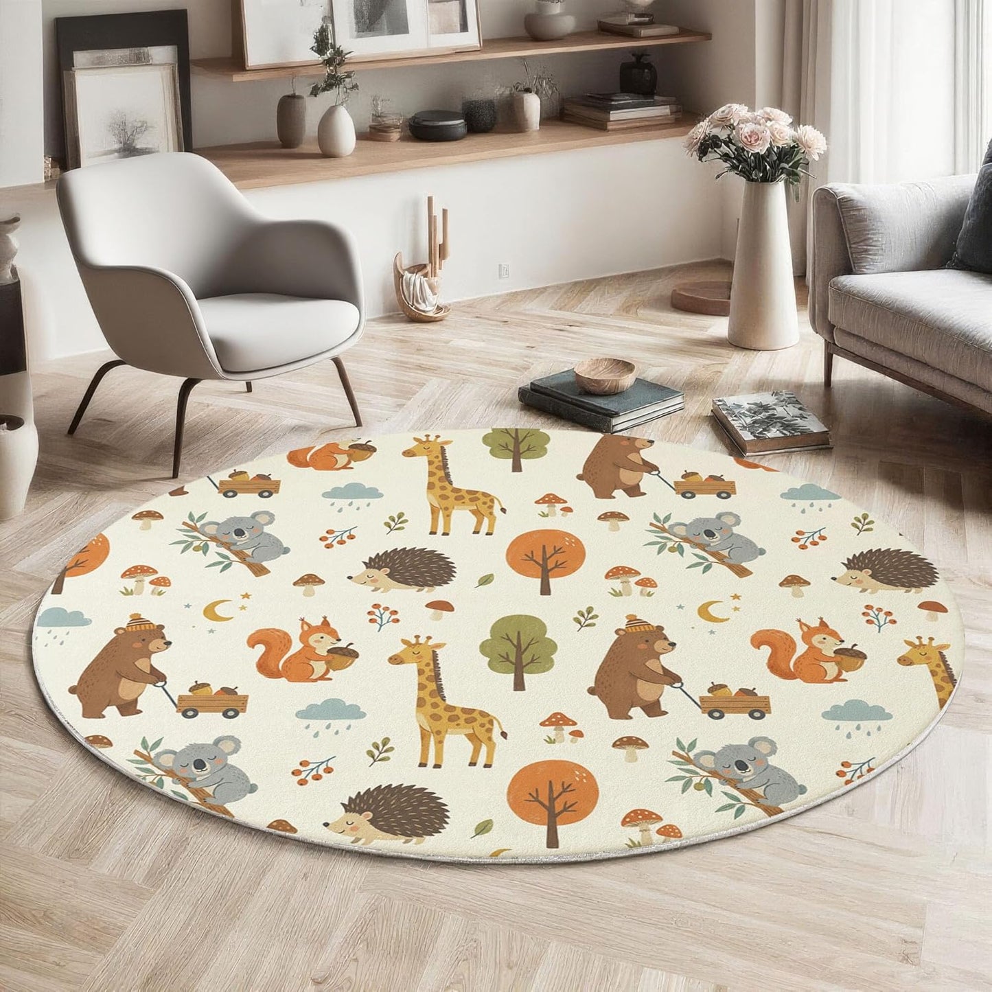 Cute Hedgehog Giraffe Round Rugs 2Ft, Forest Animals Round Living Room Area Rug, Washable Large Soft Circle Rug for Bedroom, Non Slip Ultra Thin Floor Carpet for Dining Room, Beige