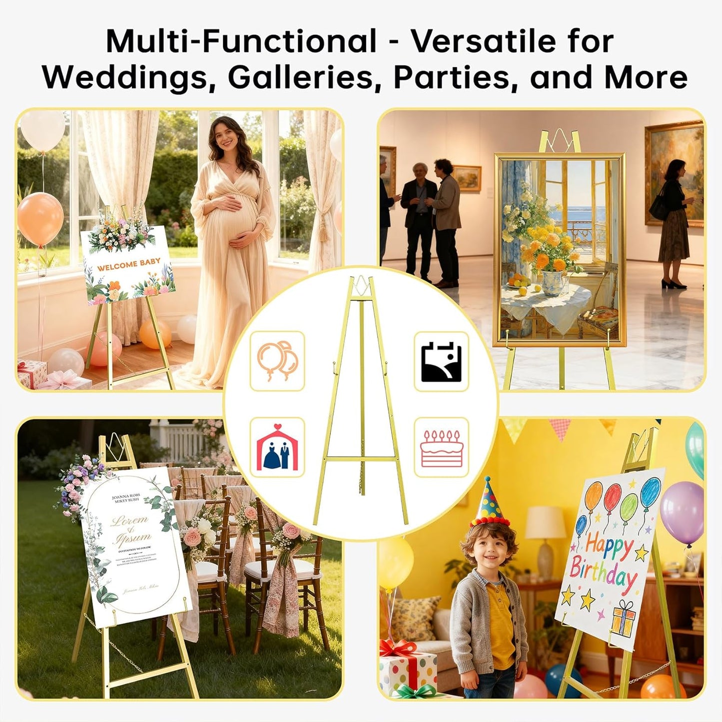 Gold Easel Stand for Wedding Signs,No Assembly Needed-46.7' Heavy Duty Adjustable Wedding Easel with Tool-Free Knobs&Adjustable Chains, Fits Welcome Signs, Posters, Paintings, Events & Art Displays