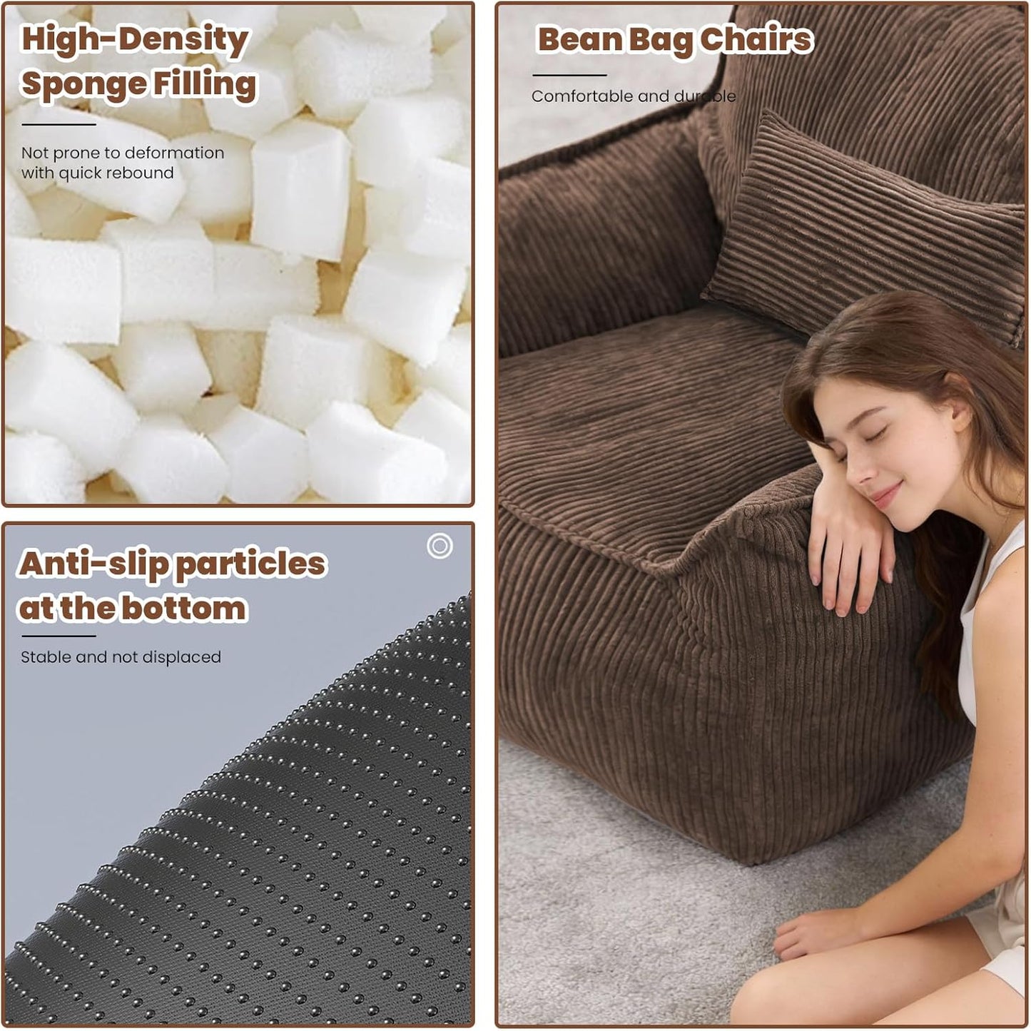 Oversized Bean Bag Chairs with Memory Crushed Sponge Filler for Adults Teens, Comfy Corduroy Large Bean Bag Couch Armchair for Reading Bedroom Living Room, Giant Reading BeanBag Chair, Brown