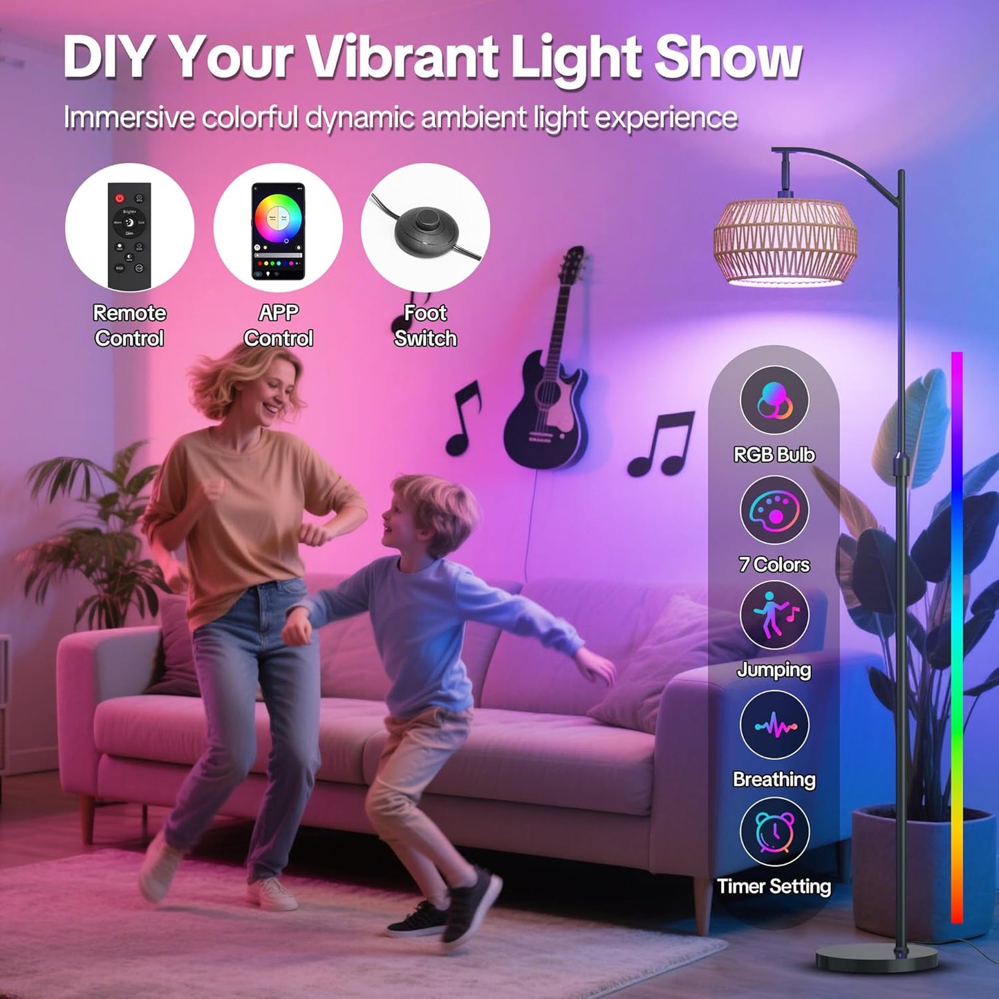 Arc Floor Lamps for Living Room with 3 Color Temperatures, Boho Farmhouse Floor Lamp with Remote & Dimmable RGB Bulb, Standing Lamp with Rattan & Fabric Shades, Adjustable Tall Lamp for Bedroom Office