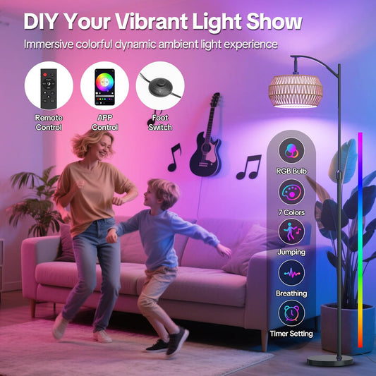 Arc Floor Lamps for Living Room with 3 Color Temperatures, Boho Farmhouse Floor Lamp with Remote & Dimmable RGB Bulb, Standing Lamp with Rattan & Fabric Shades, Adjustable Tall Lamp for Bedroom Office