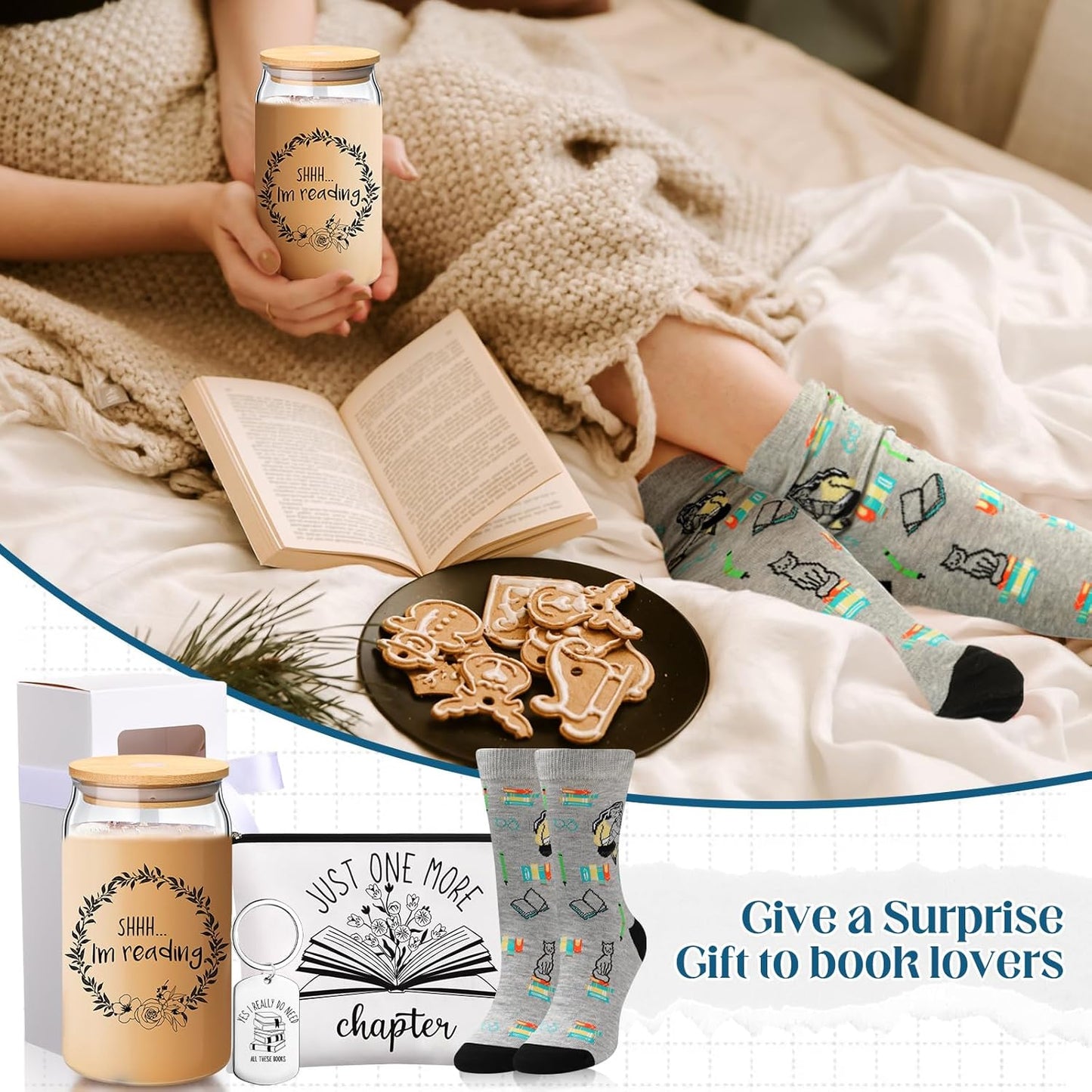 5 Pcs Book Lovers Gifts for Women Bookish Gifts for Readers Librarians Bookworms 16 oz Glass Cup Gift Box Makeup Bag Keychain Socks Birthday Presents for Book Lovers Women