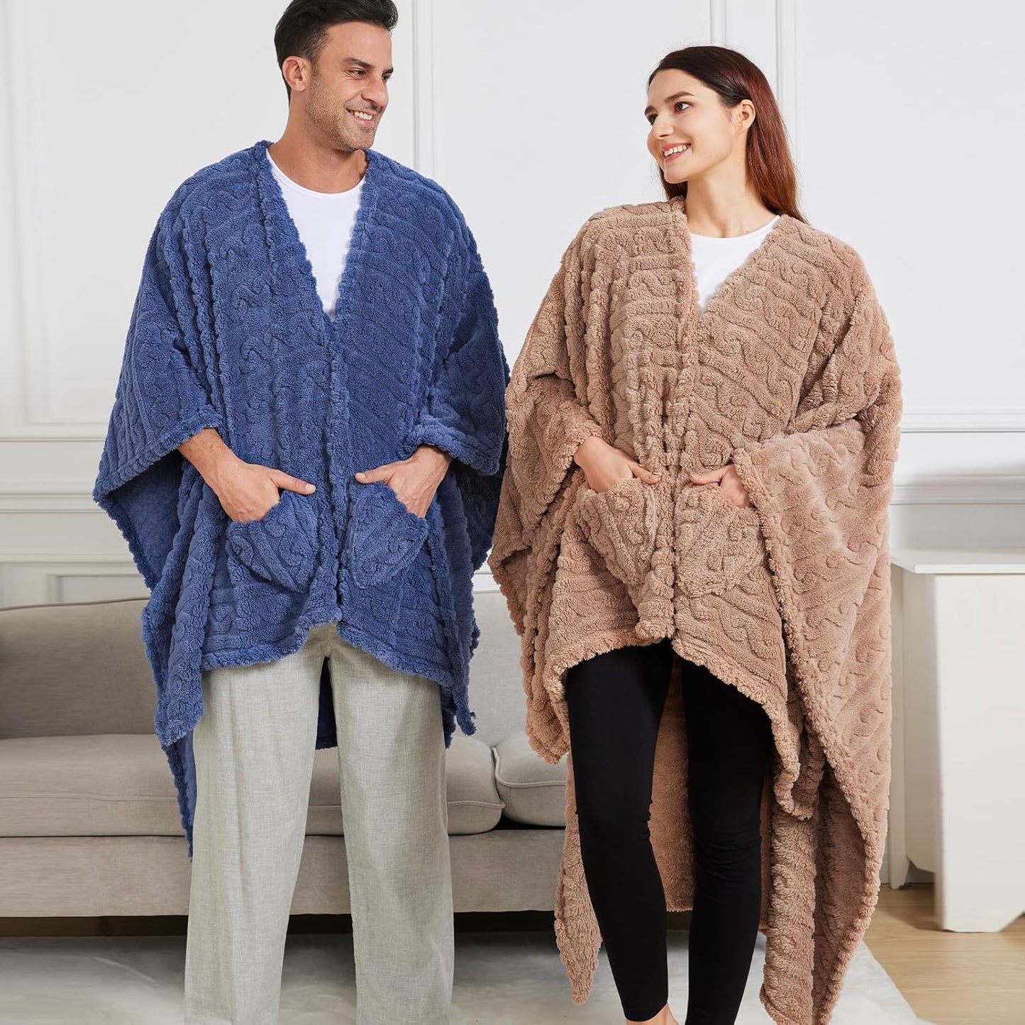 Wearable Blanket Poncho Cape Wrap for Adult, Cozy Sherpa Fleece Pocketed Shawl TV Throw Blankets for Office and Lounge(Dust Blue,58'' x 64'')