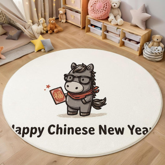 Modern Round Area Rug for Living Room, 2Ft Washable Round Rug Cream Color Cartoon Horse Happy New Year Circle Rugs for Dining Room Table, Cute Animal Small Circular Floor Carpet for Bedroom