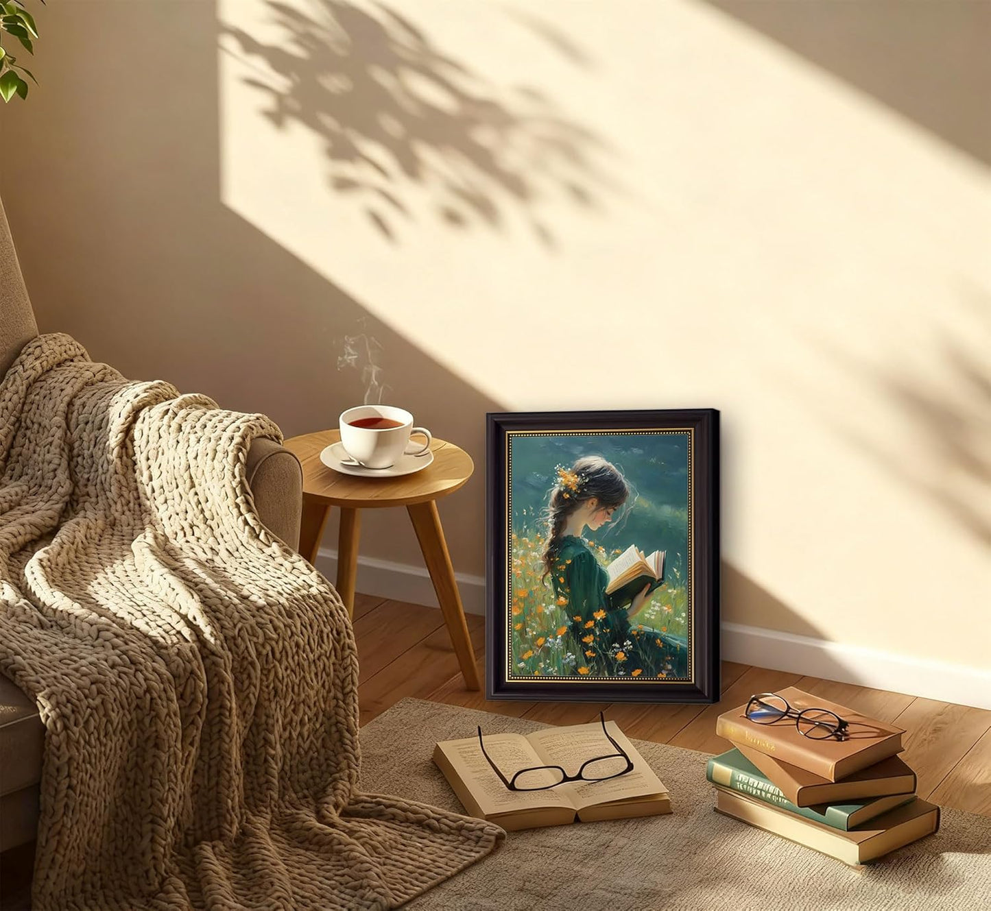 Vintage Dark Brown Framed Girl Books Canvas Wall Art Inspirational Kids Educational Wall Decor Picture Girl Reading On The Grass Poster Print for Children'S Room Living Room Bedroom Home Decoration