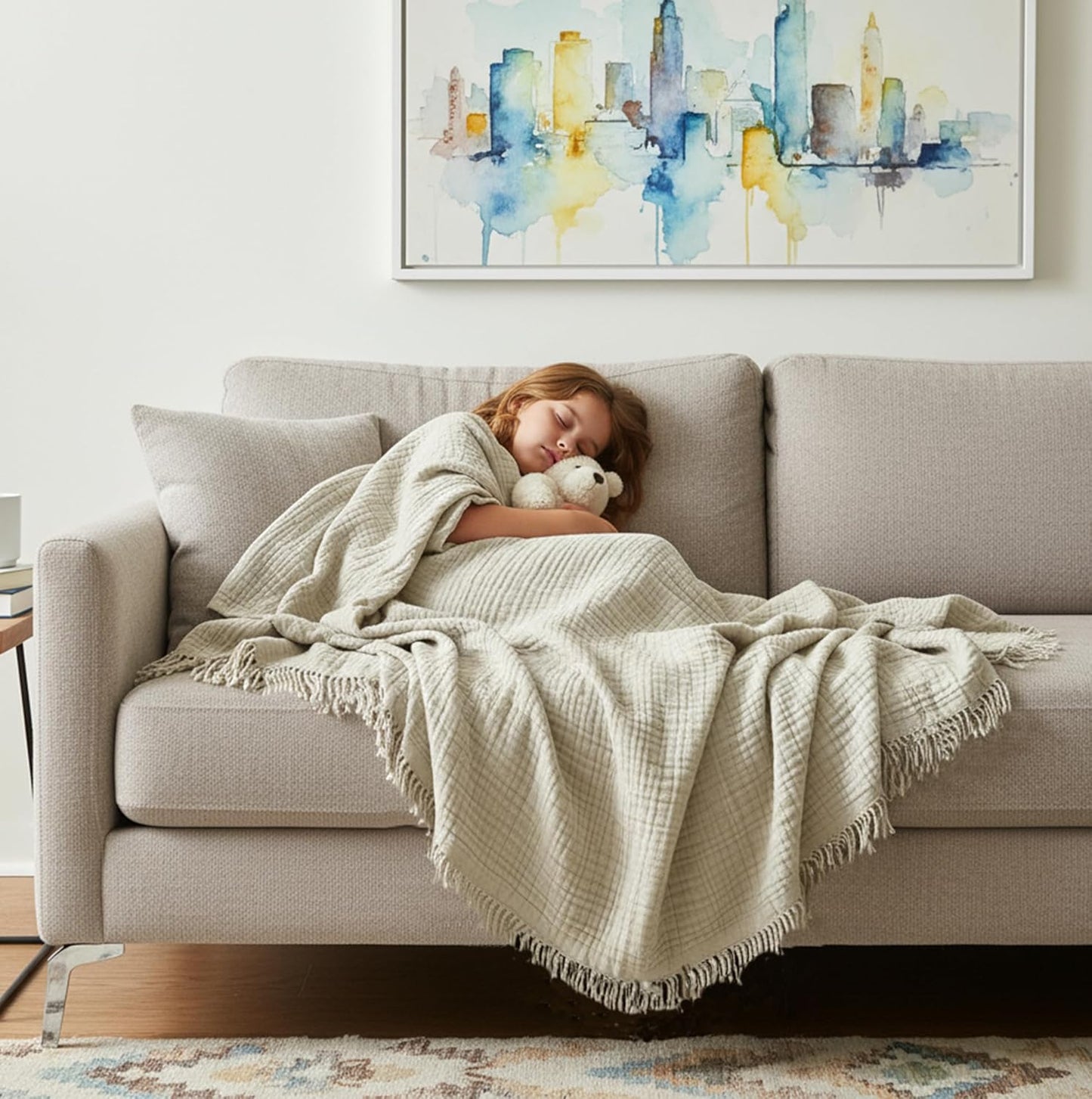KyraHome 100% Organic Cotton 90"x104" King Size Muslin Blankets for Adults, Kids, Pre-Washed Plant Dyed, Breathable Cozy Gauze Bed Blanket, All Season (Oatmeal Khaki)