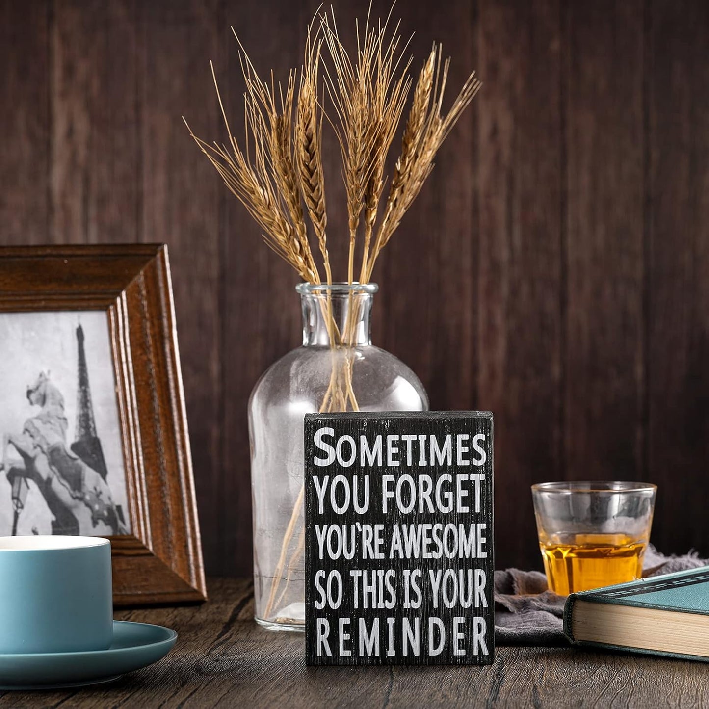 Inspirational Wood Box Sign 5 x 4 Inch Home Office Valentine's Day Motivational Decor Gift with Saying Sometime You Forget You're Awesome So This Is Your Reminder Wall Desk Funny Decor(Black Board)