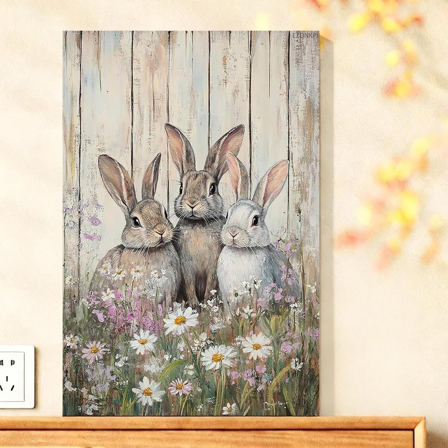 Easter Bunny Print Wall Art Three Cute Rabbits Standing in the Flower Bushes Canvas Painting Posters Room Aesthetic Decoration Spring Farmhouse Living Room Wall Decor 8x12inch Framed