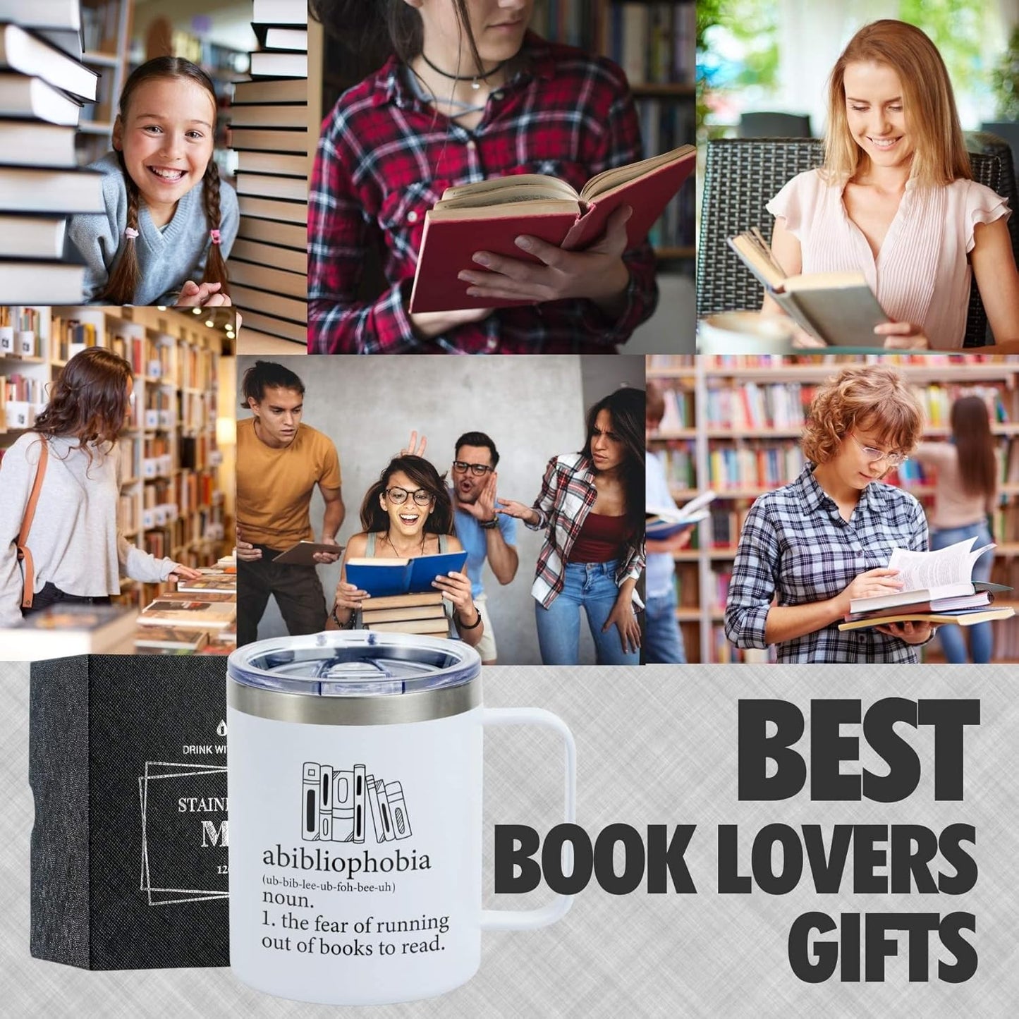 Onebttl Book Lovers Gifts For Women, Men - Abibliophobia - 12 oz /350 ml Insulated Mugs - Reading Gift for Book Worm, Librarians, Readers - (White)