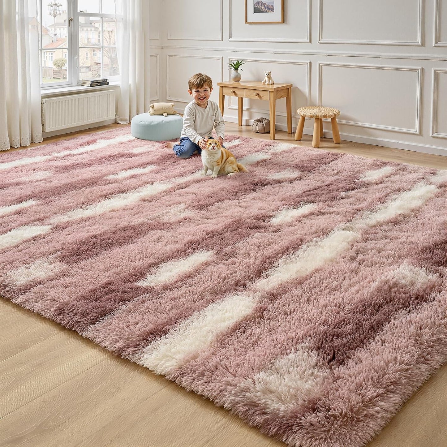 Pink White Striped Rugs for Girls Bedroom, 4x6 Feet Fluffy Cute Kids Room Decor Aesthetic Area Rug, Fuzzy Shaggy Carpets for Living Room, Playroom, Nursery, Indoor Non Slip Washable Carpet
