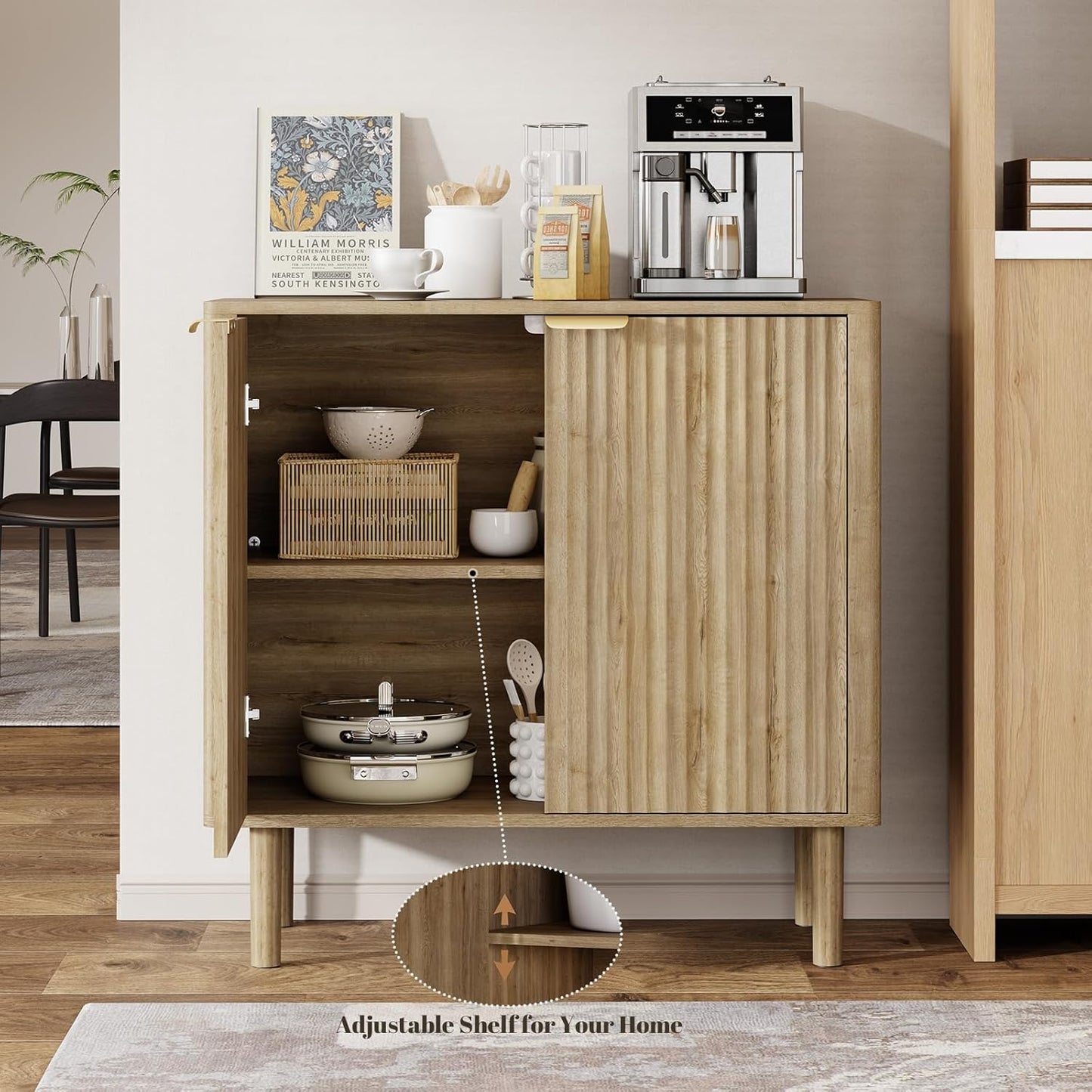 Sideboard Buffet Cabinet with Storage, Modern Fluted Accent Credenza with Doors & Adjustable Shelves, Wood Coffee Bar Console Table for Living Room, Dining Room, Kitchen or Entryway 31.5" Oak