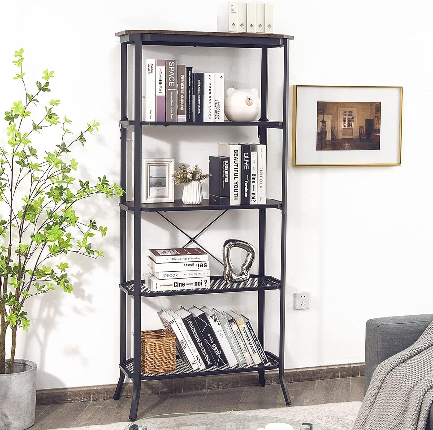 Tangkula 5 Tier Bookshelf, Freestanding Storage Shelving Unit with Steel Frame and Out-Stretched Legs, Industrial Open Display Shelf Plant Stand Organizer for Living Room Home Office