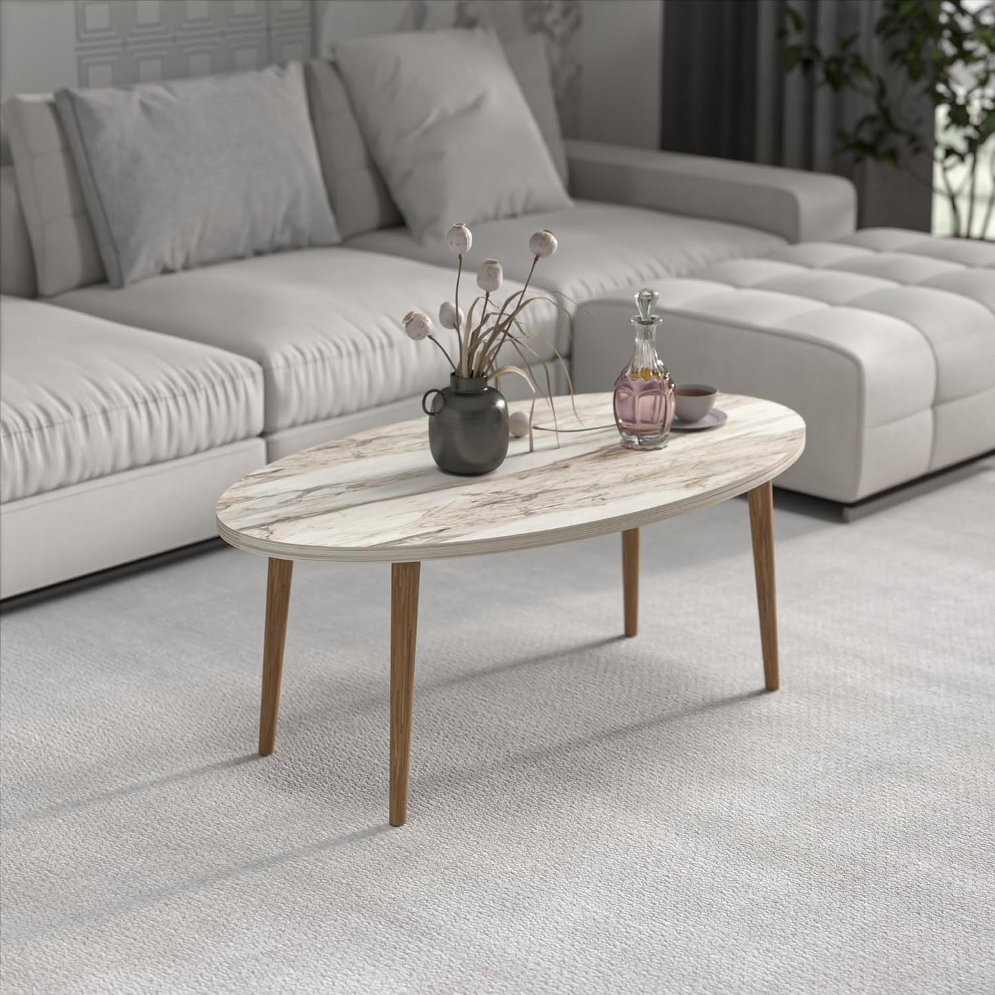 Coffee Table,MDF Modern Style Round Coffee Table for Living Room,Modern Oval-Round Side Table,Coffee Tables for Living Room,Accent Table,Center Table for Living Room,Sofa Table (White Marble)