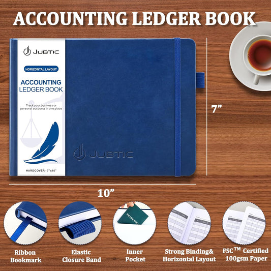 JUBTIC Accounting Ledger Book Horizontal - Expense Tracker Notebook & Columnar Journal, Financial Ledger Books for Small Business & Personal Bookkeeping(7”x10”,Navy Blue)