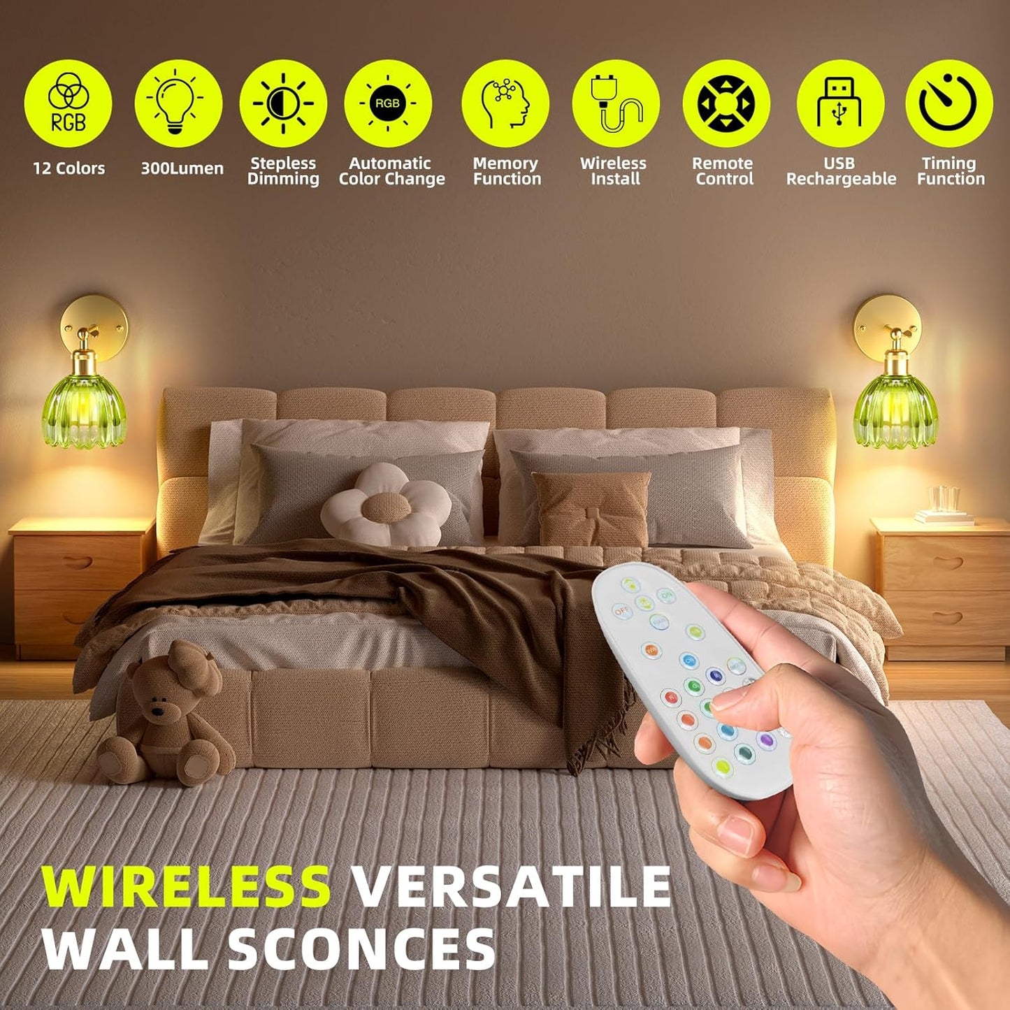 Battery Operated Wall Sconce with Remote Control, Wireless Wall sconces Set of Two with 7000mAh Dimmable Magnetic RGB Bulbs, Rechargeable Wall Light for Bedside Bedroom Living Room Hallway Wall Decor