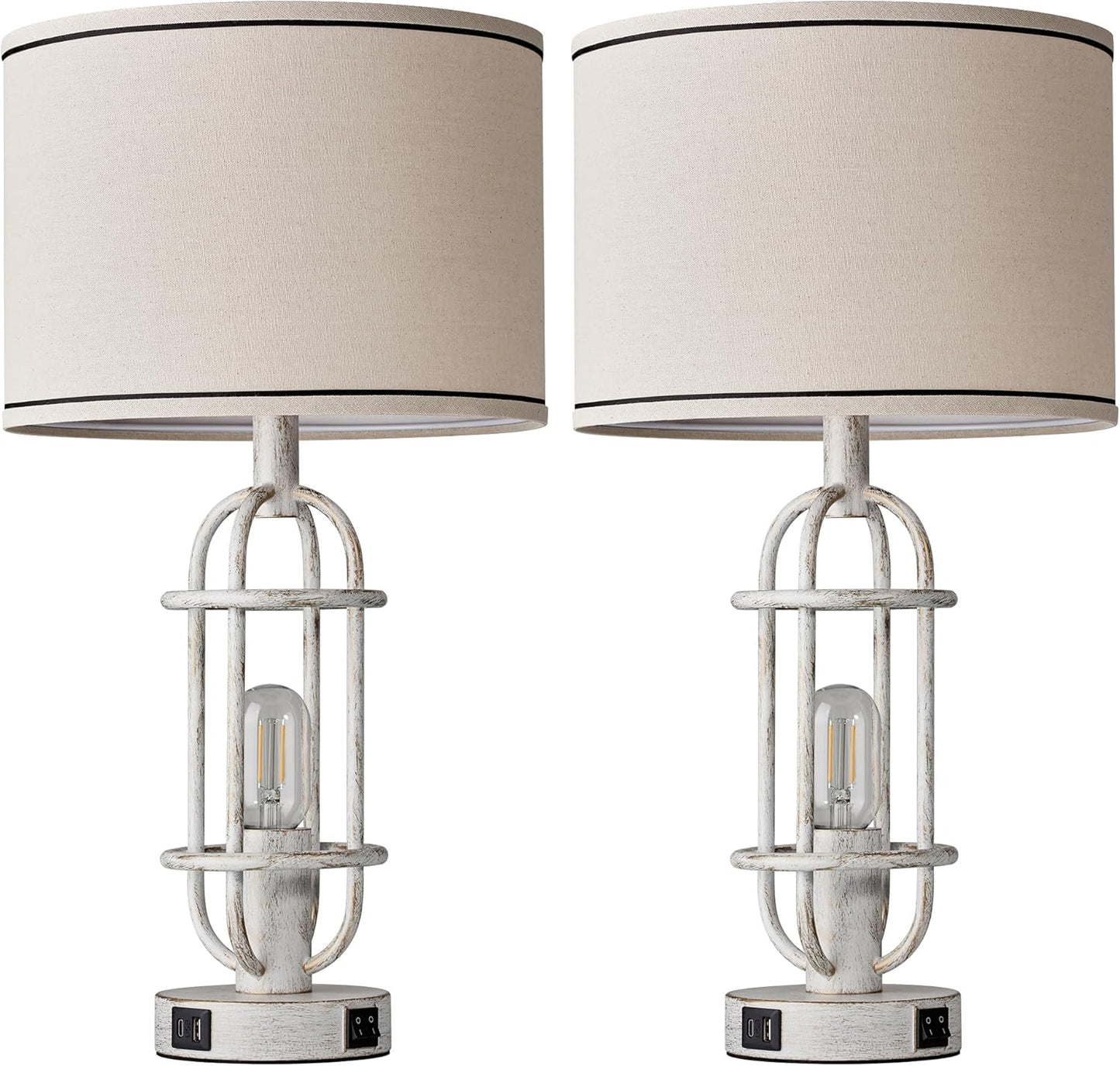 22.3" Farmhouse Table Lamps Set of 2, Vintage Lamps for Living Room End Tables, Bedroom Lamp for NightStand with USB C+A Ports, Antique White