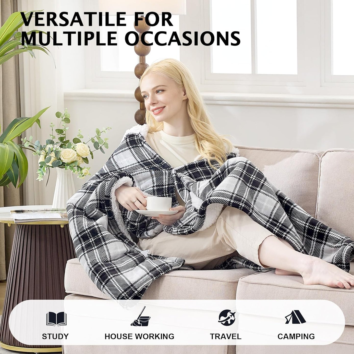 Electric Blanket Wearable Heated Shawl with Hood & Pockets – 6 Heat Levels, 4H Auto-Off, Reversible Flannel & Sherpa, Cozy Plaid Heated Throw for Home, Couch, or Gift, 40"x70", Black & Grey