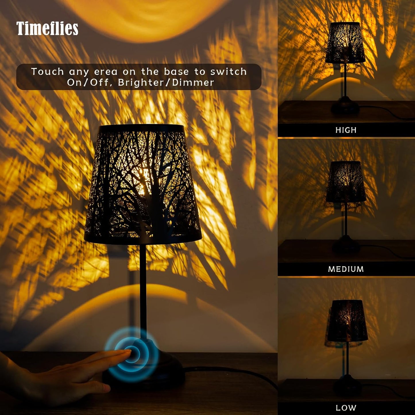 3 Level Dimmable Touch Table Lamp, Black Metal Tree Pattern Shadow Lamp, Small Bedside Night Light for Kids, Vintage Accent Decor Lamp Halloween Indoor Mood Lighting Bedroom Living Room Small Spaces