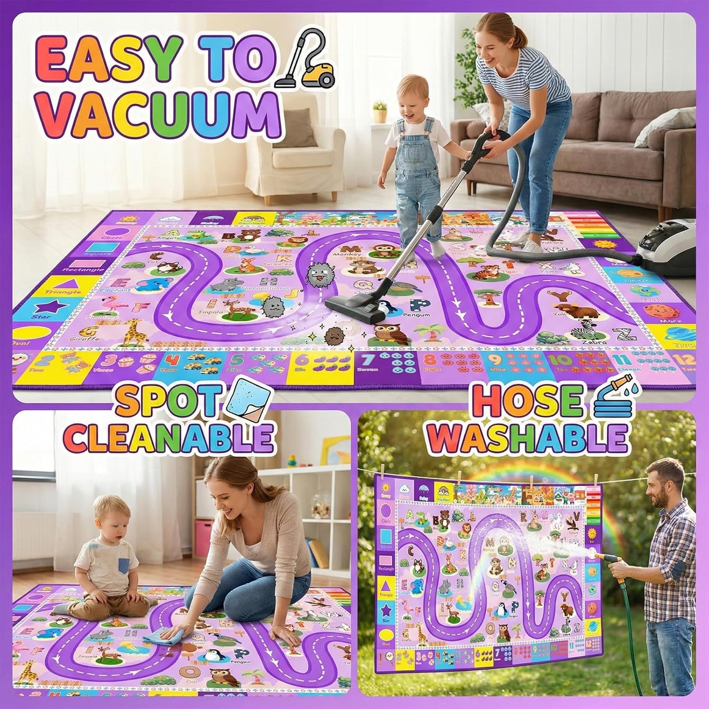 Kids Rugs for Playroom 3x5 Feet, Educational ABC Alphabet Rug with Numbers Seasons, ABC Rugs for Kids Playroom Non-Slip Play Mat for Bedroom Nursery Classroom, Purple