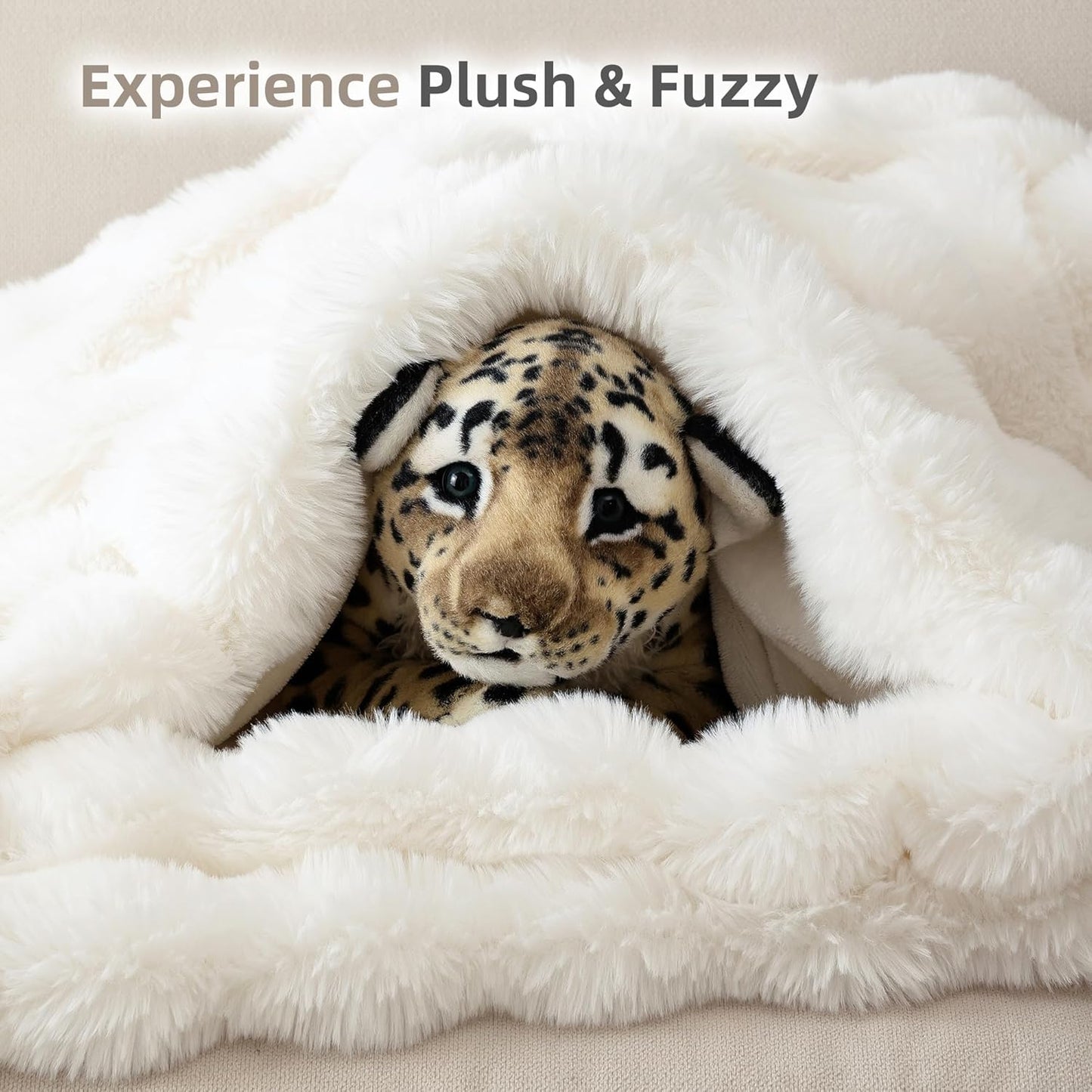 Smoofy Faux Fur Throw Blanket for Couch – Cream White Fluffy Cozy Rabbit Fleece, Plush Soft Bubble Blanket for Sofa & Bed, for Mom, Warm Fuzzy Home Room Decor Throw 50" x 60"