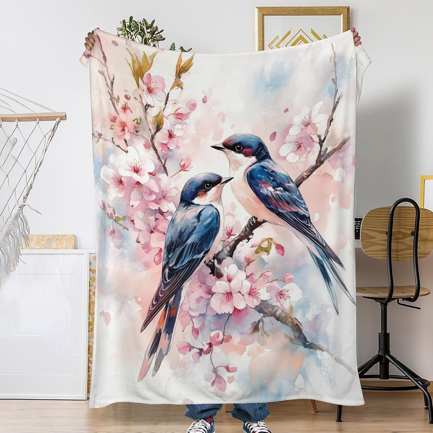Cute Birds Fall Throw Blanket,Spring Flowers Cozy Plush Fluffy Blanket for Living Room Decor,Lightweight Fleece Throws for Couch,Bed,Traveling,Naps,Reading,50 X 60 Inch