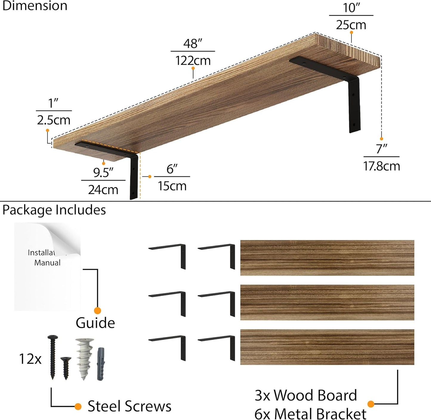 Wallniture Cervo 48" x 10" Rustic Wall Mounted Floating Shelves, Wall Bookshelf for Living Room Decor, Kitchen Shelves, Floating Shelf, Set of 3, Burnt