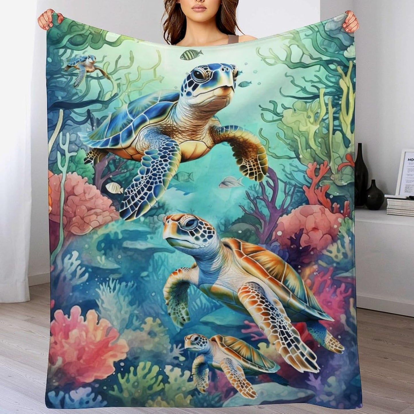 Soft Flannel Sea Turtle Blanket for Teens Adults Women Men - Warm Throw Blanket for All Season Lap, Chair, Sofa - 70"x50"
