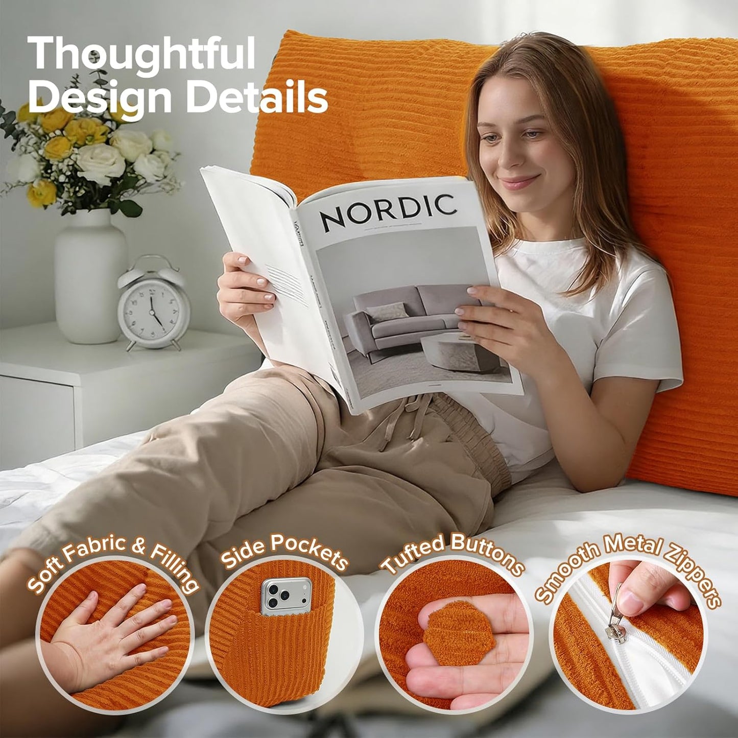 Headboard Pillow for Sitting Up in Bed, Twin Size Backrest Triangle Reading Pillow for Daybed, Supportive Bed Back Pillow for Reading, Watching TV & Relaxing, Soft Lean-Back Support, Orange
