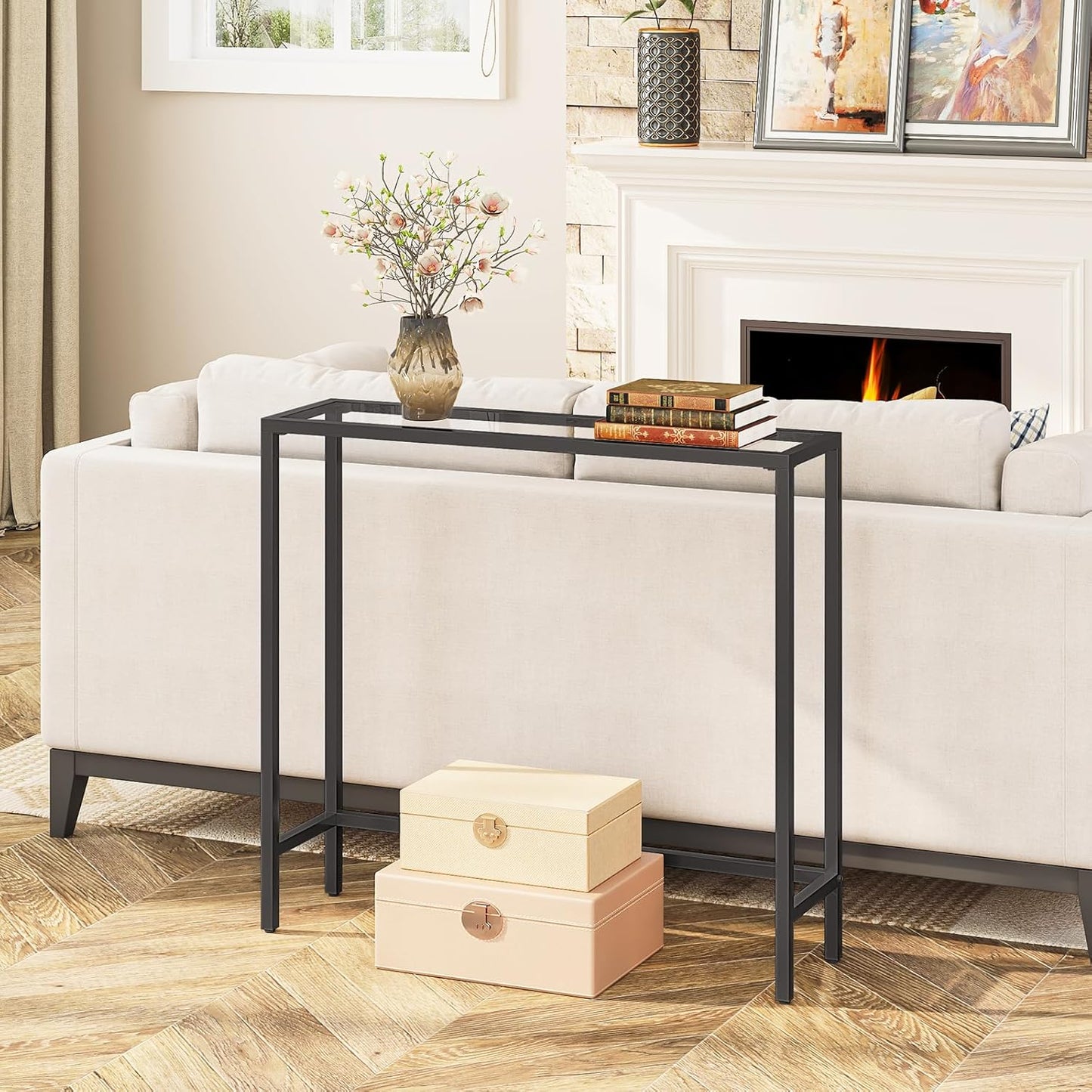 HOOBRO 29.5" Narrow Console Table, Tempered Glass Entryway Table, Modern Sofa Table Behind Couch, Small Side Table for Entrance, Living Room, Foyer, Hallway, Bedroom, Black BK07XG01