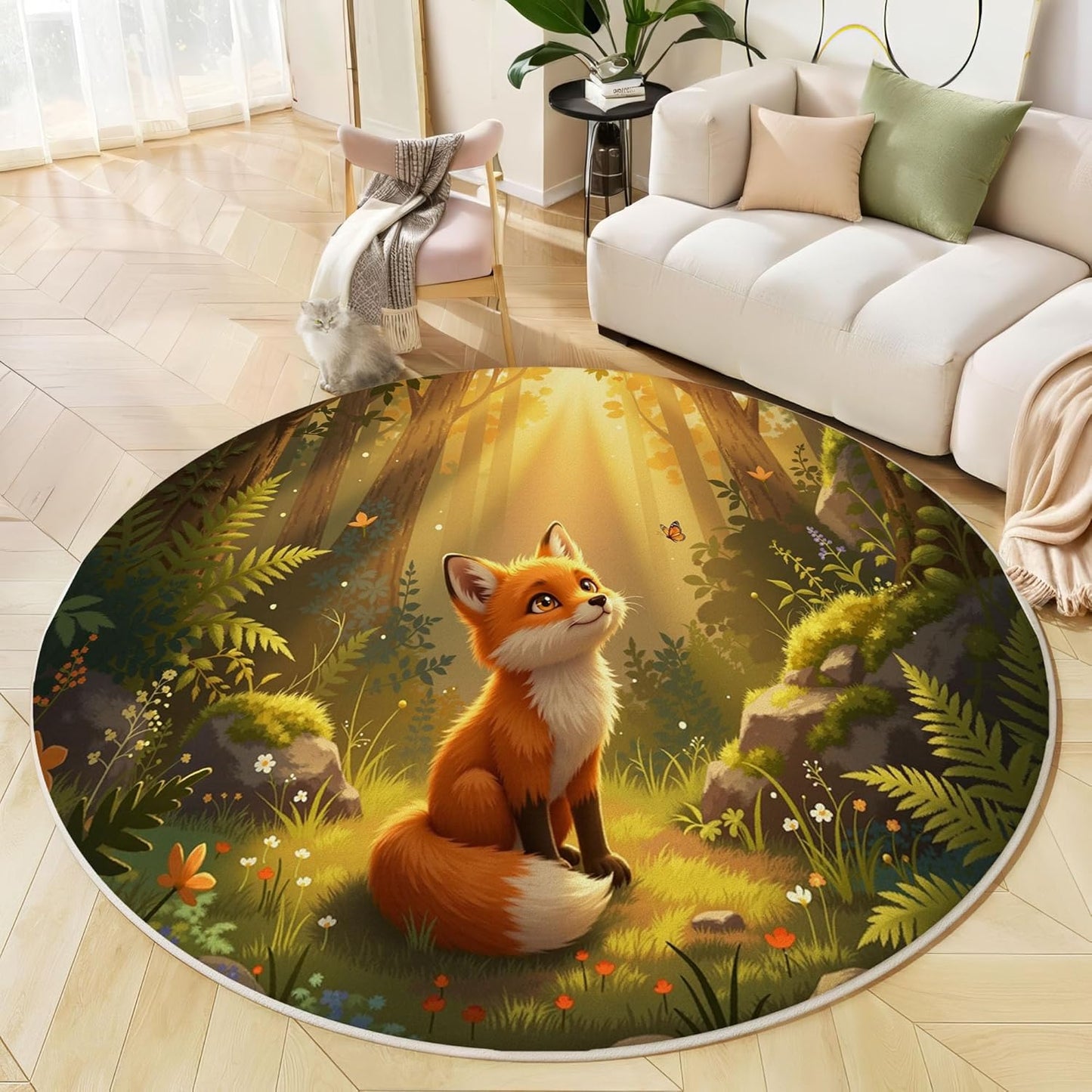 Sunshine Fox Grass Round Rugs 6Ft, Cute Animals Round Living Room Area Rug, Washable Large Soft Circle Rug for Bedroom, Non Slip Ultra Thin Floor Carpet for Dining Room, Forest Green