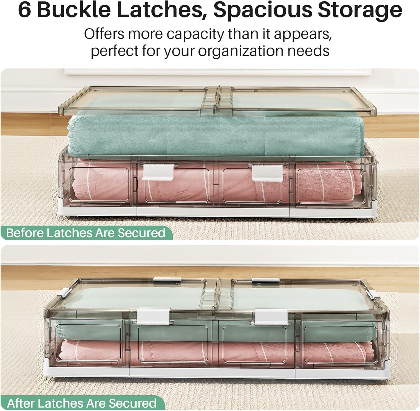 Kitstorack Clear Plastic Under Bed Storage Containers Bins with Lids and 8 Pre-installed Wheels,37.8 Qt, Rolling Foldable Flat Under Bed Organizer Boxes for Clothes Shoes Clothing Bedroom
