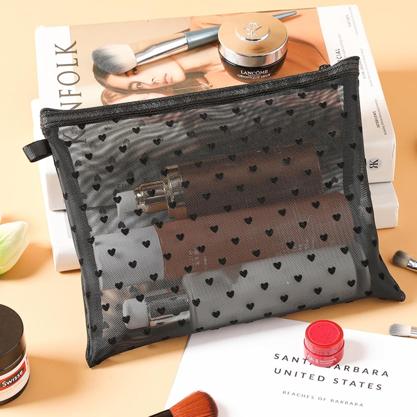 4-Piece Heart Printed Mesh Makeup Bag Set, Portable Travel Mesh Cosmetic Bags Toiletry Bags Makeup Purse Bags Mesh Zipper Storage Pouches for Home Offices Travel Accessories (Black)