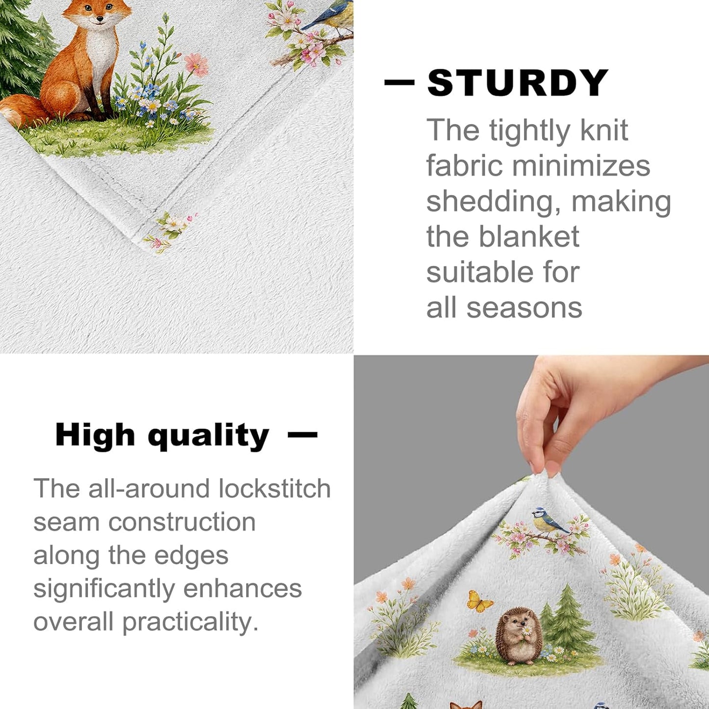 Woodland Animal Blanket for Nature and Animal Lovers, Fox Deer Bird Hedgehog Flannel Blankets, Forest Gifts, Soft Warm Cozy Throws for Sofa Couch Bed Living Room Bedroom Home Decor 60" x 50"