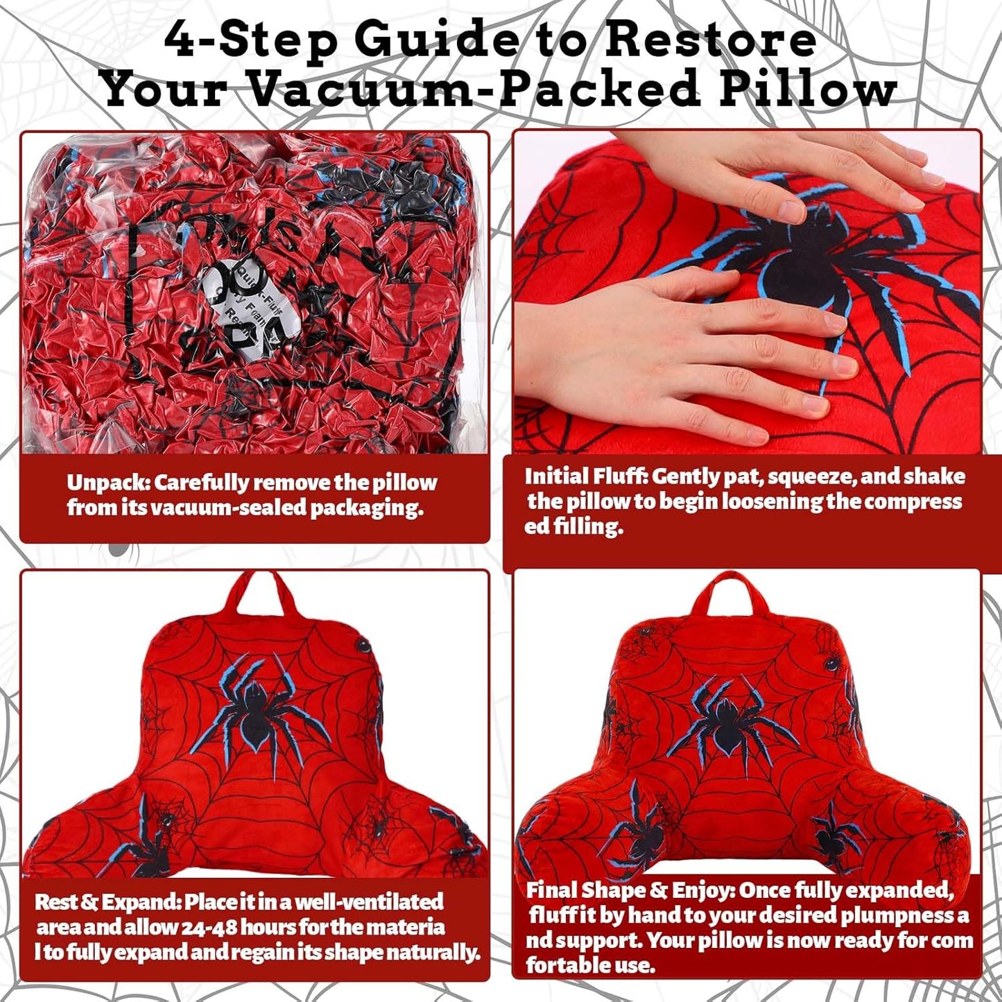Redbaker Spider Themed Reading Pillow with Arms for Bed 27.9" x 14.9" Spider Backrest Support Cushion with Memory Foam Couch Cushion Support Pillow for Sitting up