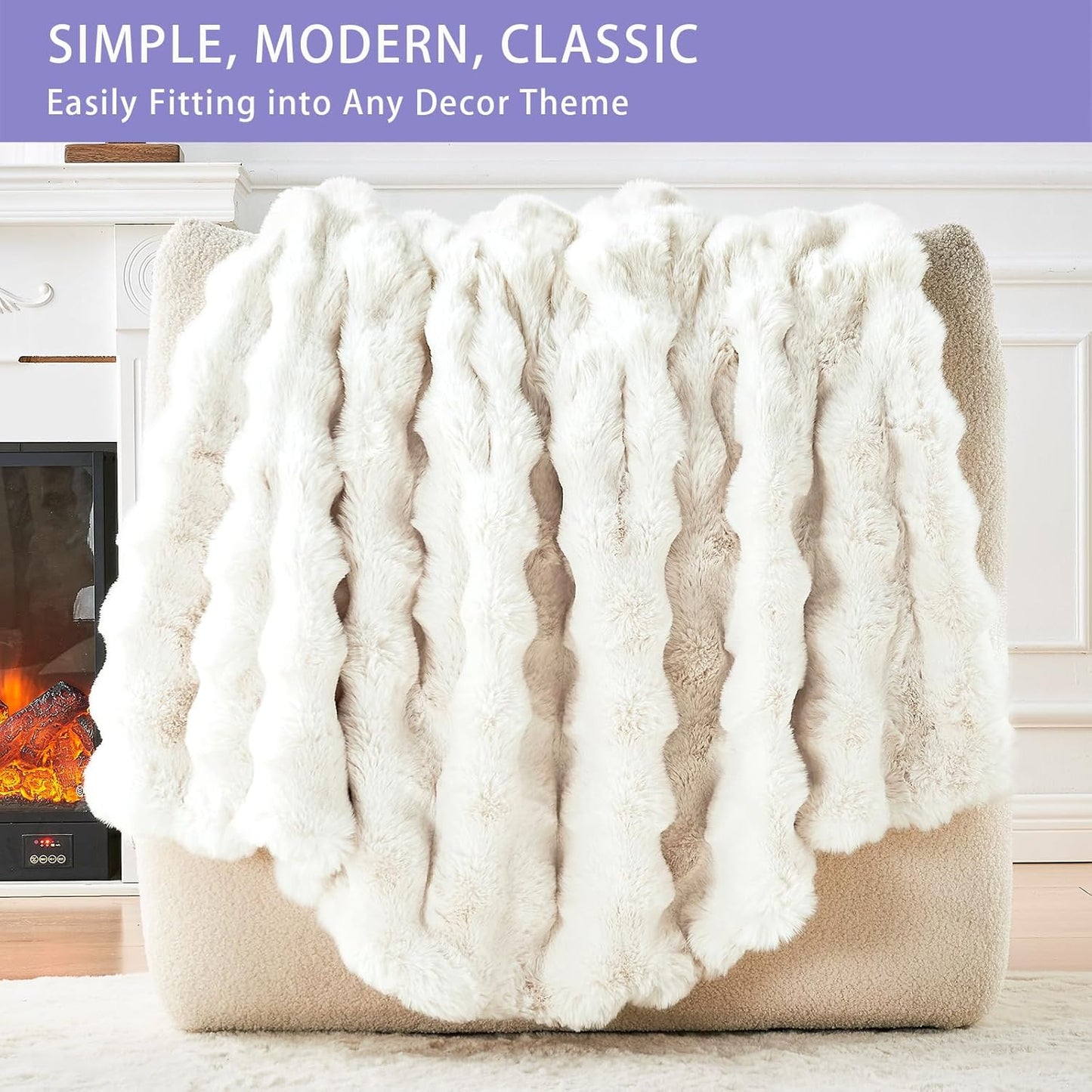 Bigacogo Faux Fur Throw Blanket for Couch, Fuzzy Soft Plush Thick Warm Bubble Blankets for Sofa Bed Living Room Décor, Cute Luxury Cozy Fluffy Throw Gift for Women Girls, 50"x60", Cream White