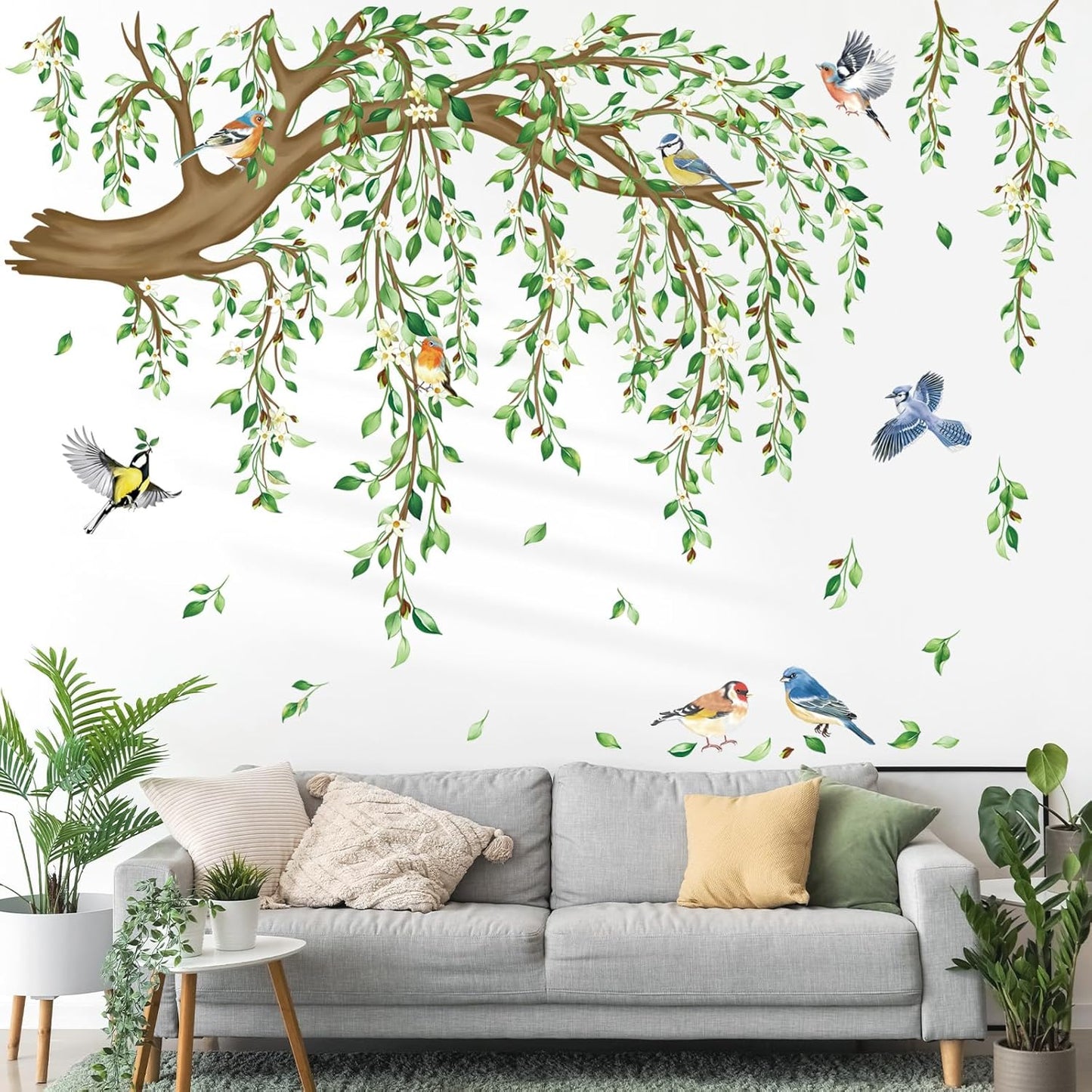 decalmile Large Hanging Vine Wall Stickers Tree Branch Green Leaf Flower Birds Wall Decals Living Room TV Background Bedroom Wall Decor