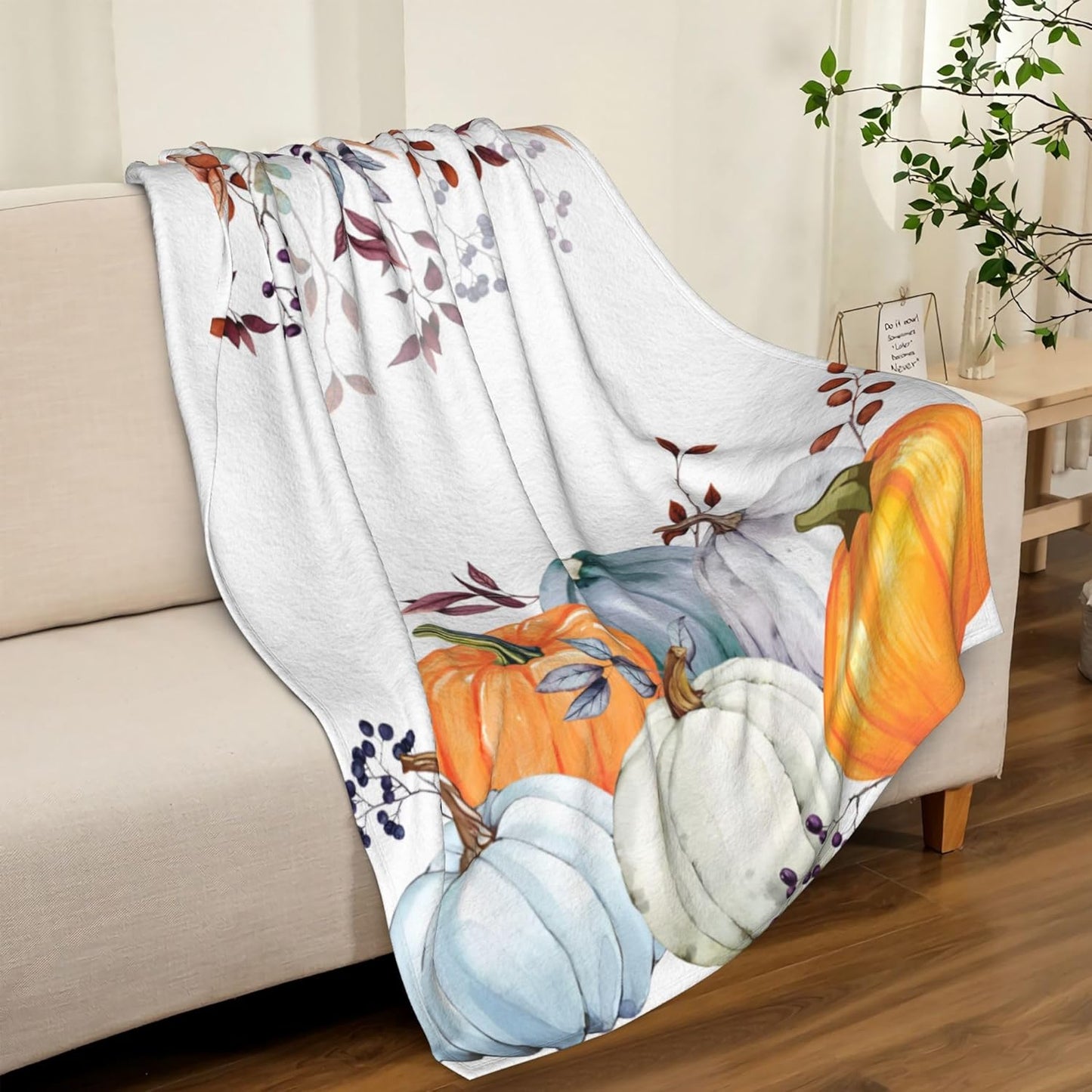 Pumpkin Flannel Throw Blanket - Fall Thanksgiving Watercolor Autumn Pumpkins Terracotta Eucalyptus Leaves Decorations - Bed, Sofa, Couch, Travel - 50"x60"