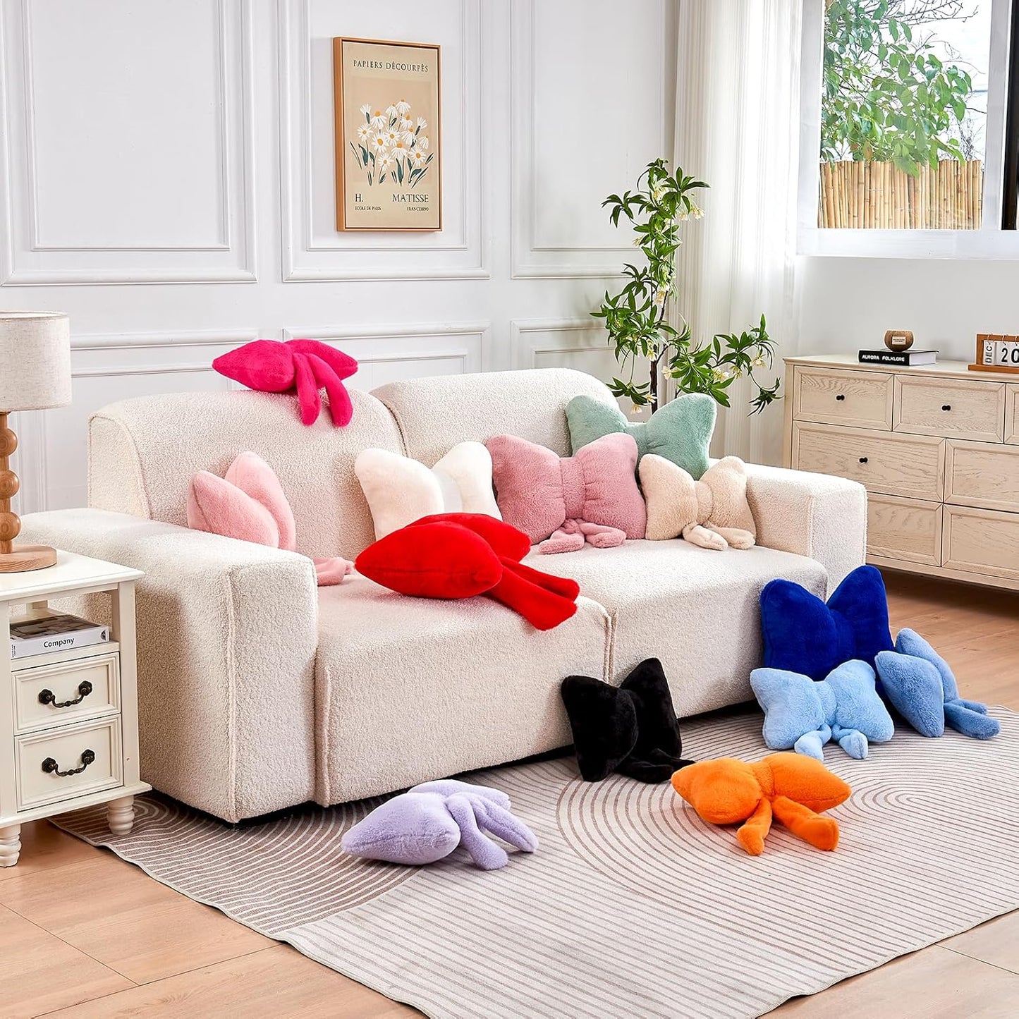 Ivory Bow Pillow, Soft Bow Decorative Pillows with Faux Rabbit Fur, Cute 12" Bow Throw Pillows, Aesthetic Home Decor Bow Shaped Plush Pillow for Bedroom Sofa Couch