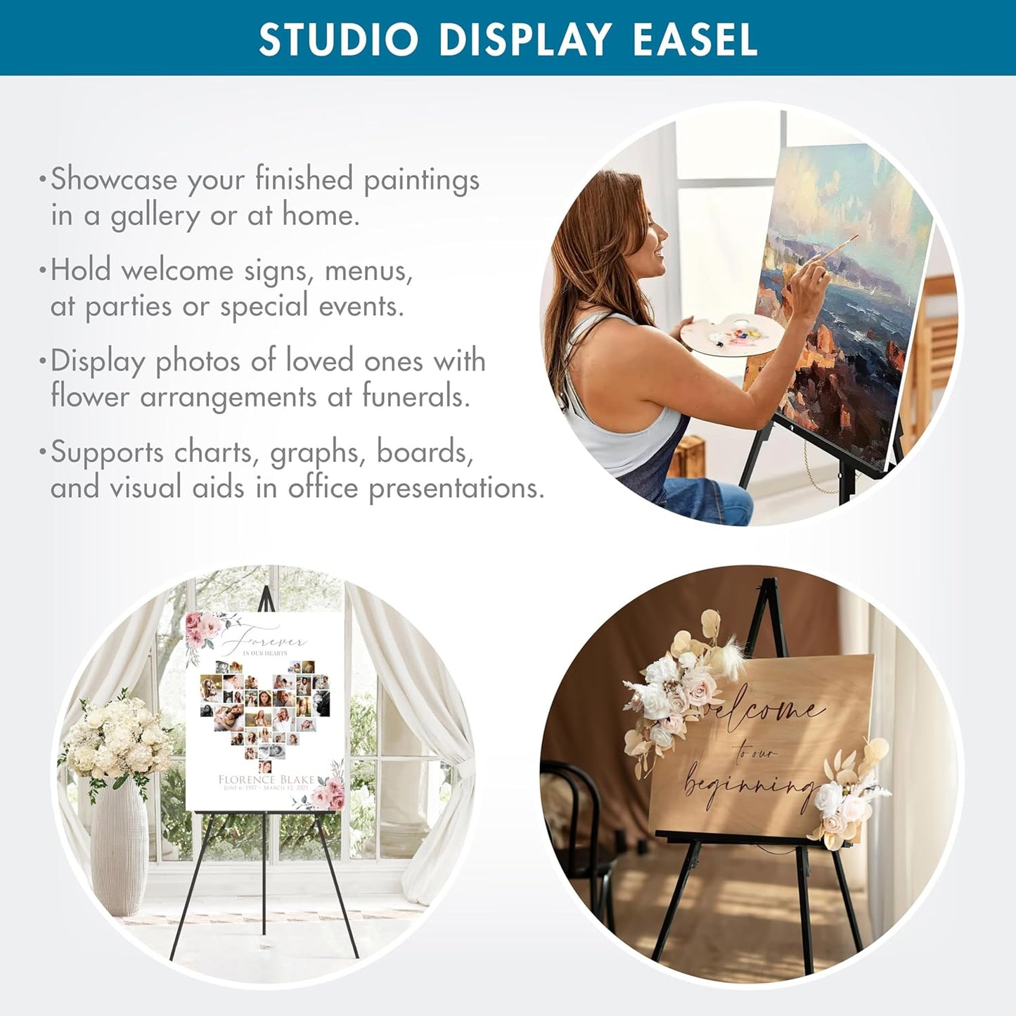 Studio Designs Art Studio Display Easel - Portable Wood Easel to Display Art Projects on Tabletops or Floors - Adjustable Height for Different Surfaces and Projects, Black